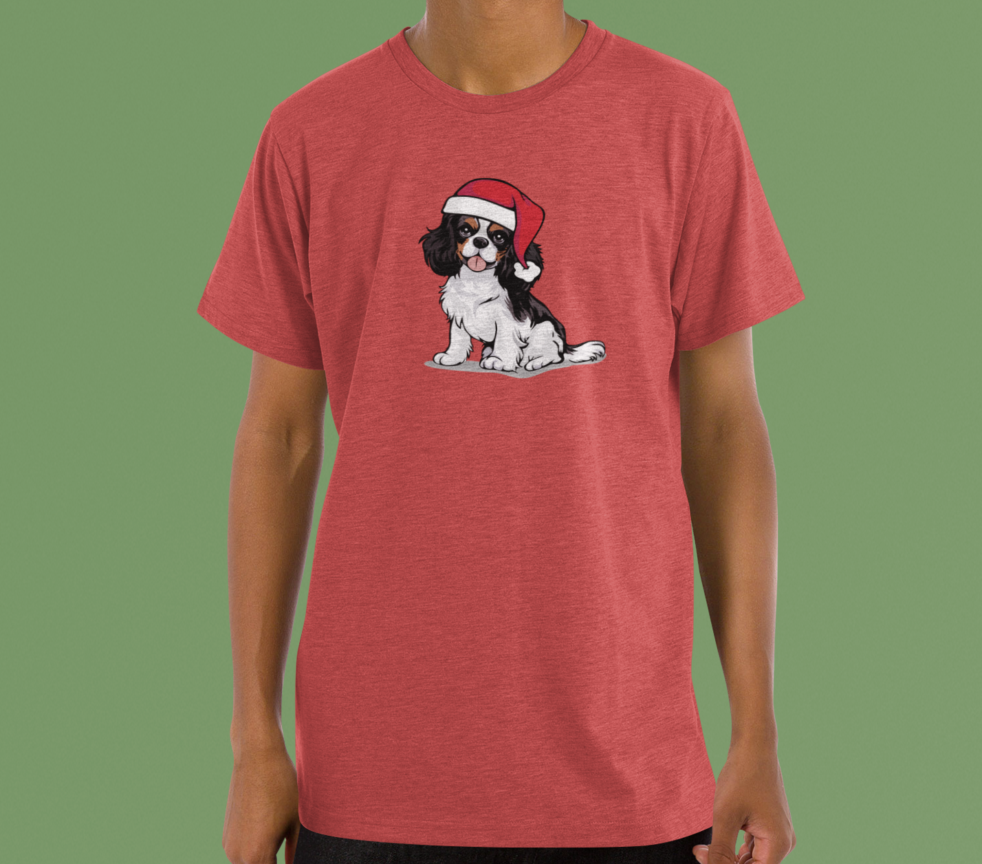 Christmas Cavalier King Charles Spaniel Dog T-Shirt, Festive Holiday Xmas Pet Dogs In Santa Hat Cotton Tee