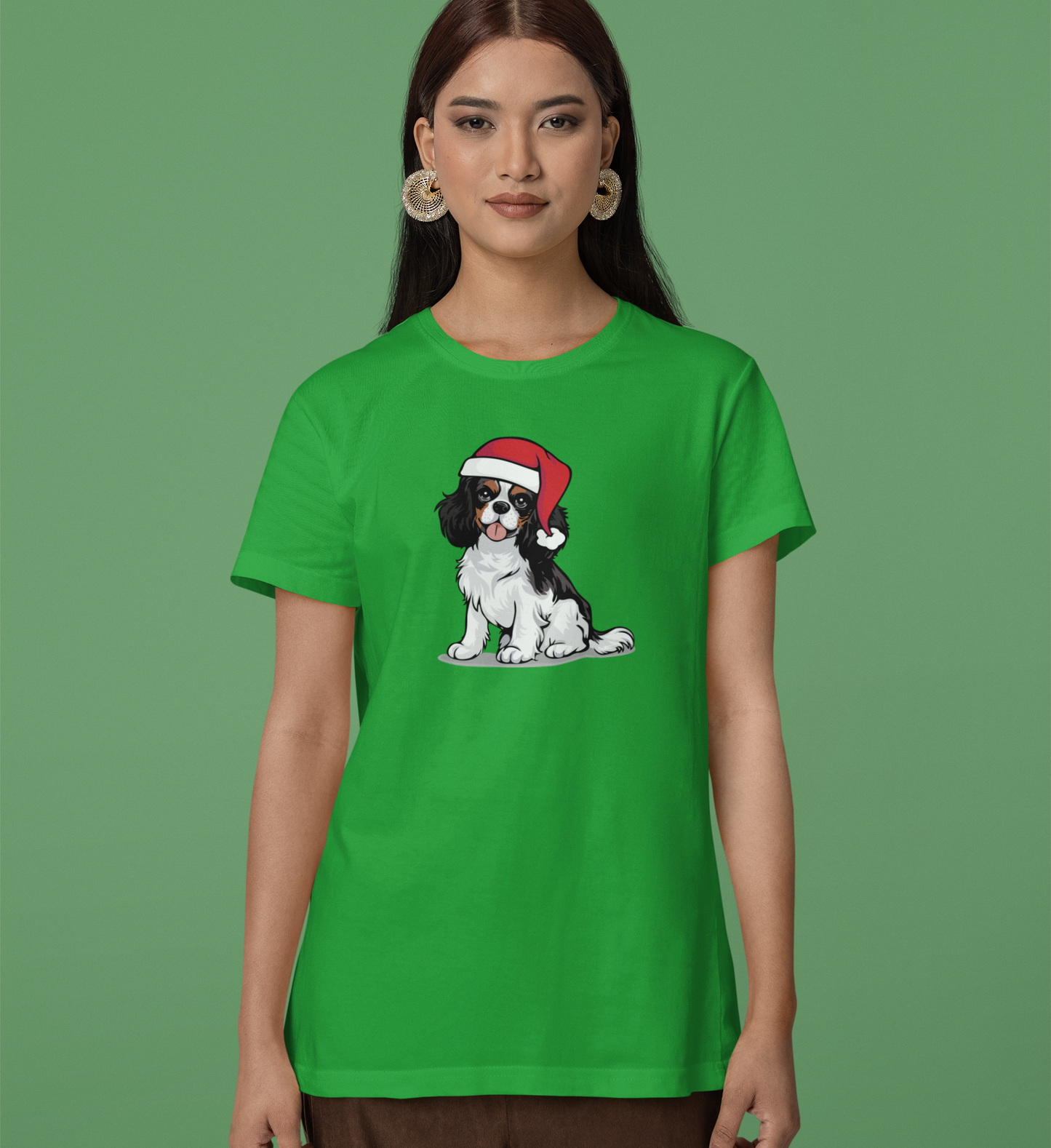 Christmas Cavalier King Charles Spaniel Dog T-Shirt, Festive Holiday Xmas Pet Dogs In Santa Hat Cotton Tee