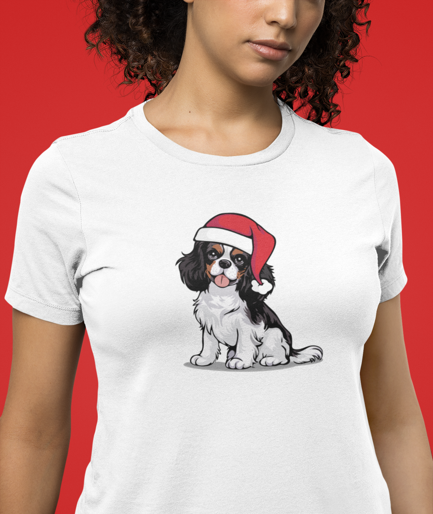 Christmas Cavalier King Charles Spaniel Dog T-Shirt, Festive Holiday Xmas Pet Dogs In Santa Hat Cotton Tee