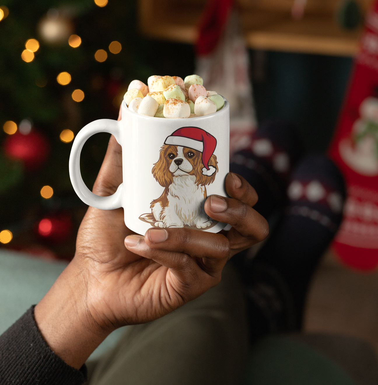 Christmas Blenheim Cavalier King Charles Spaniel Dog Ceramic Mug, Holiday Xmas Santa Dogs Coffee Mug, Cute Snowy Winter Puppy Tea Mug