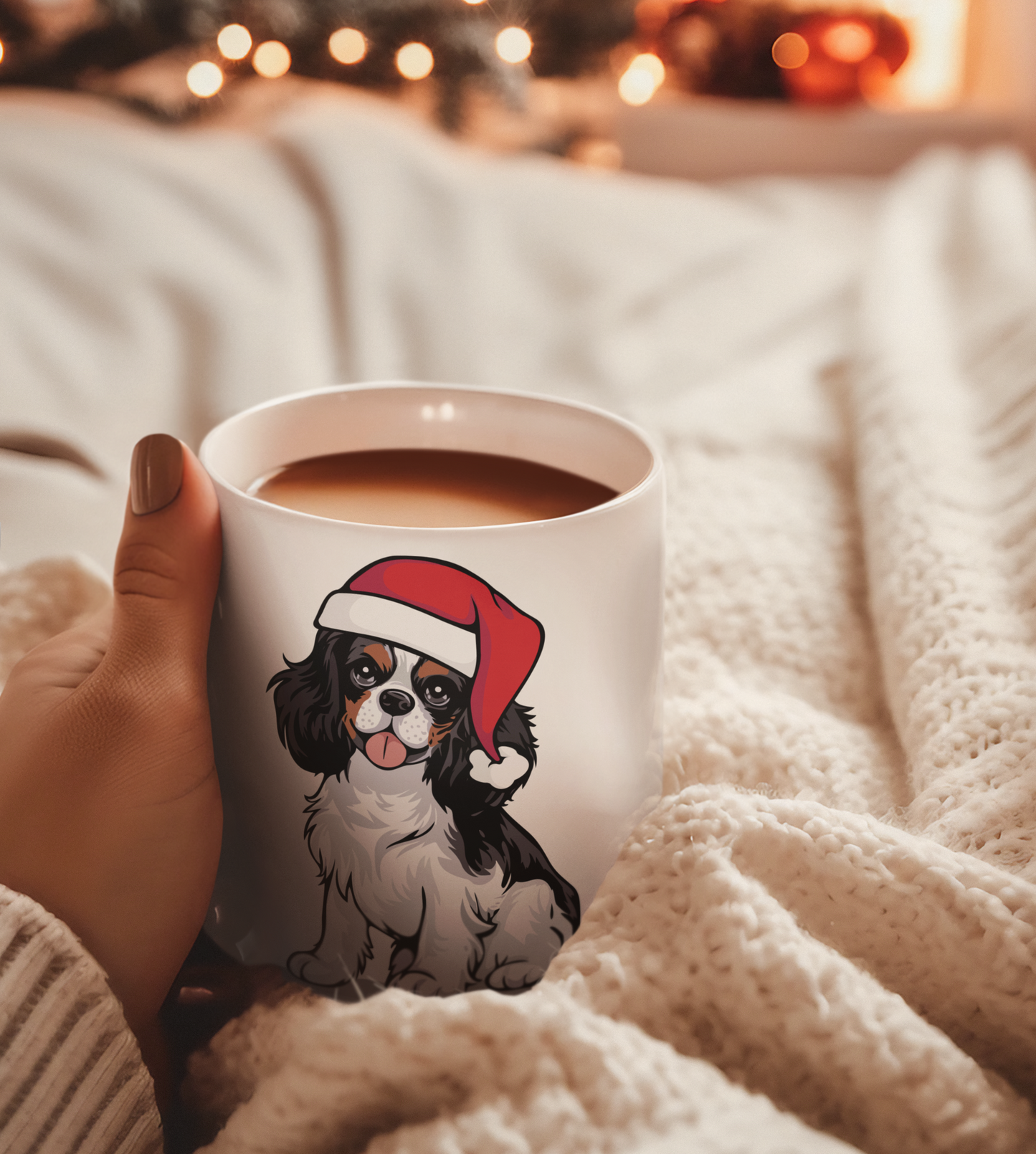 Christmas Cavalier King Charles Spaniel Dog Ceramic Mug, Holiday Xmas Santa Dogs Coffee Mug, Cute Snowy Winter Puppy Tea Mug