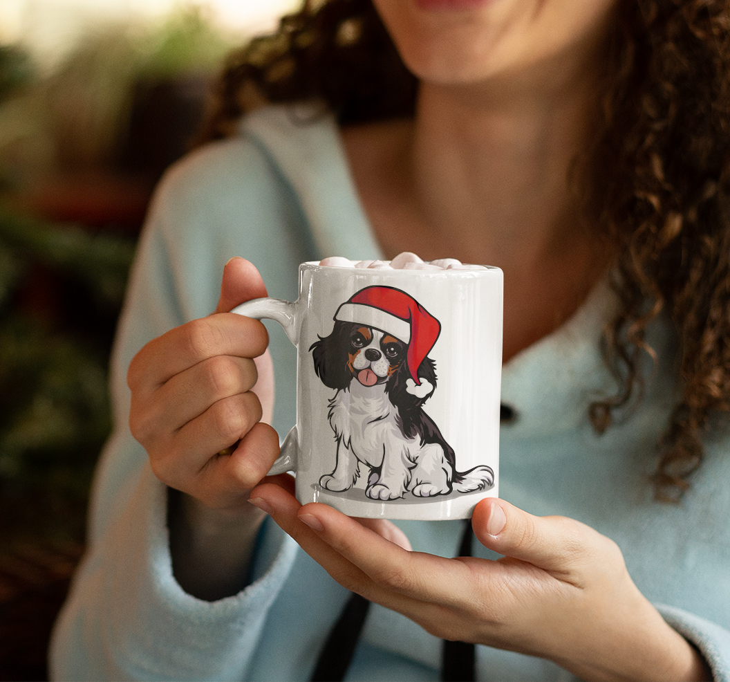 Christmas Cavalier King Charles Spaniel Dog Ceramic Mug, Holiday Xmas Santa Dogs Coffee Mug, Cute Snowy Winter Puppy Tea Mug
