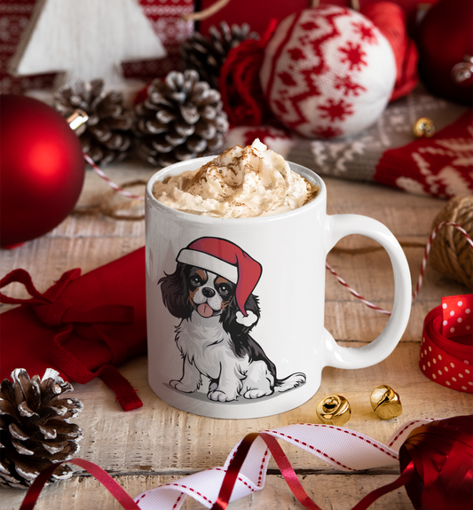 Christmas Cavalier King Charles Spaniel Dog Ceramic Mug, Holiday Xmas Santa Dogs Coffee Mug, Cute Snowy Winter Puppy Tea Mug