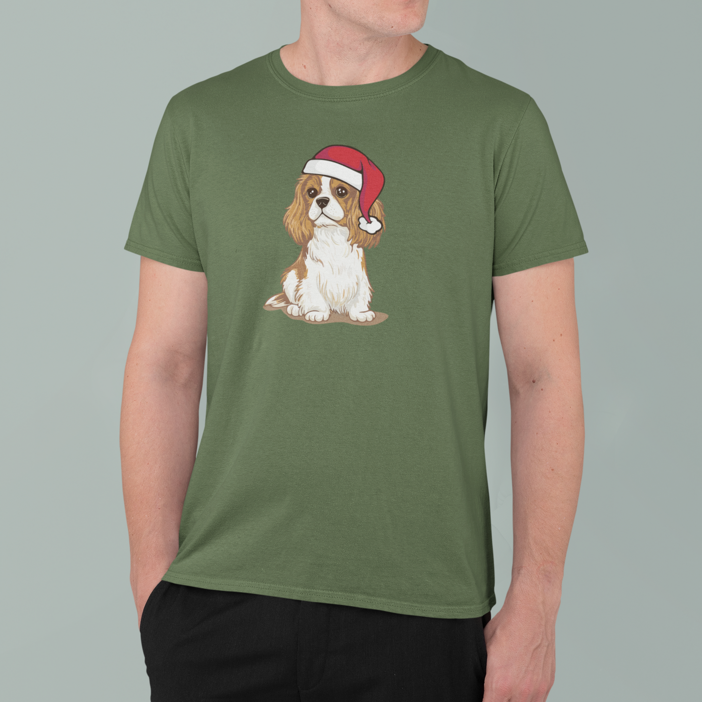 Christmas Blenheim Cavalier King Charles Spaniel Dog T-Shirt, Festive Holiday Xmas Pet Puppy Dogs In Santa Hat Cotton Tee Shirts