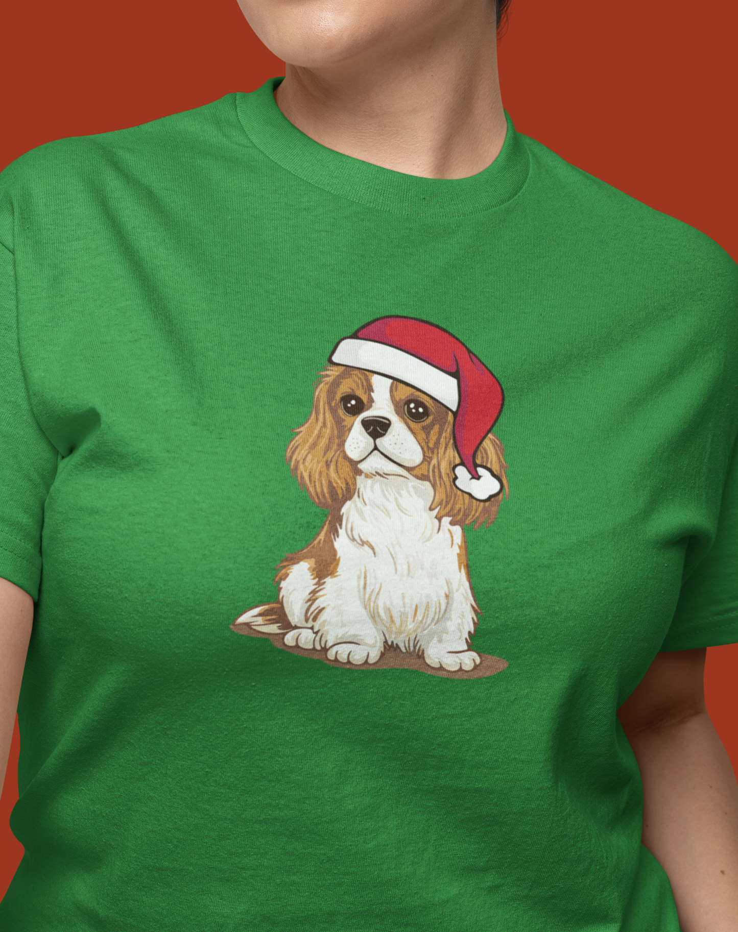 Christmas Blenheim Cavalier King Charles Spaniel Dog T-Shirt, Festive Holiday Xmas Pet Puppy Dogs In Santa Hat Cotton Tee Shirts