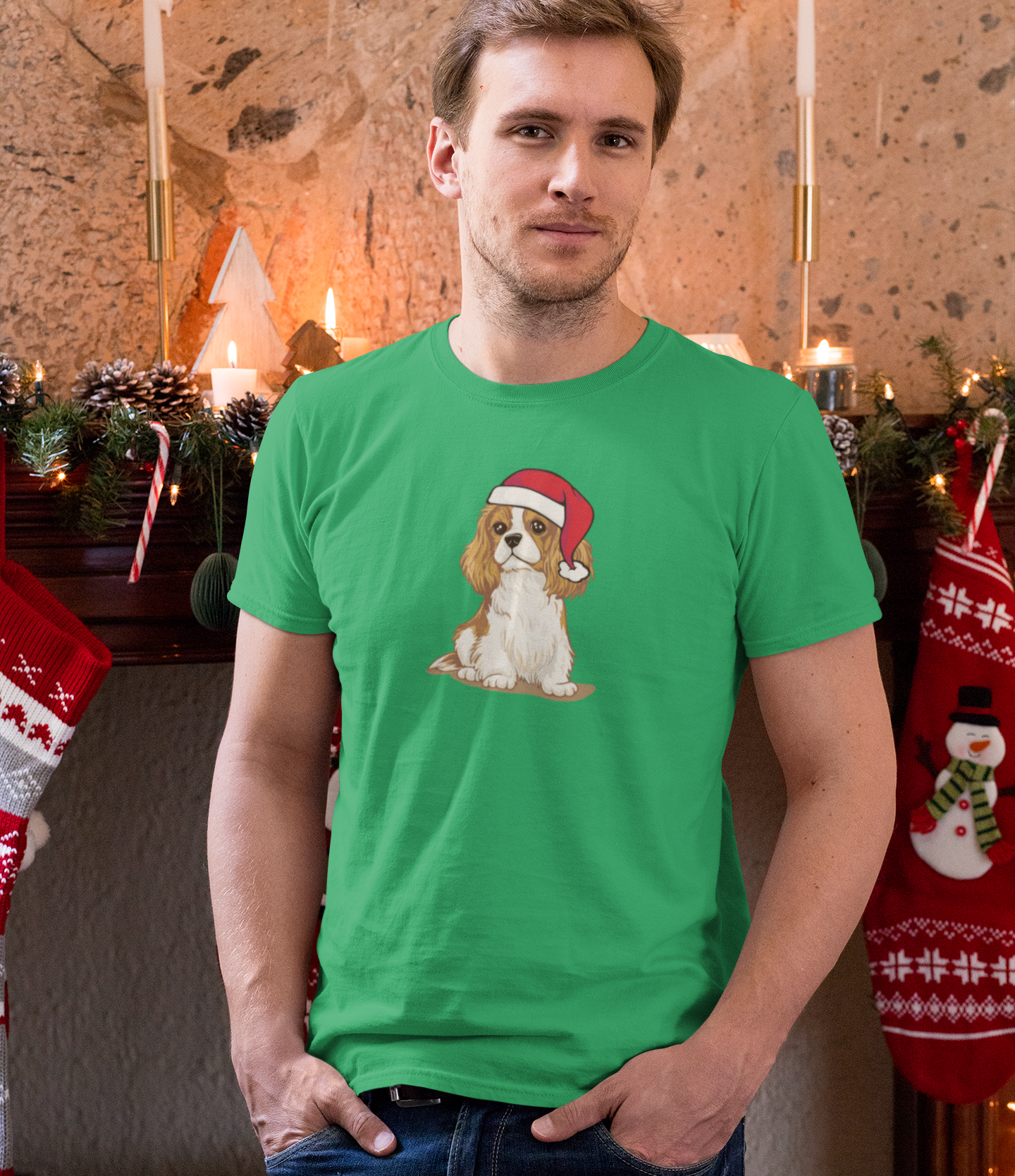 Christmas Blenheim Cavalier King Charles Spaniel Dog T-Shirt, Festive Holiday Xmas Pet Puppy Dogs In Santa Hat Cotton Tee Shirts