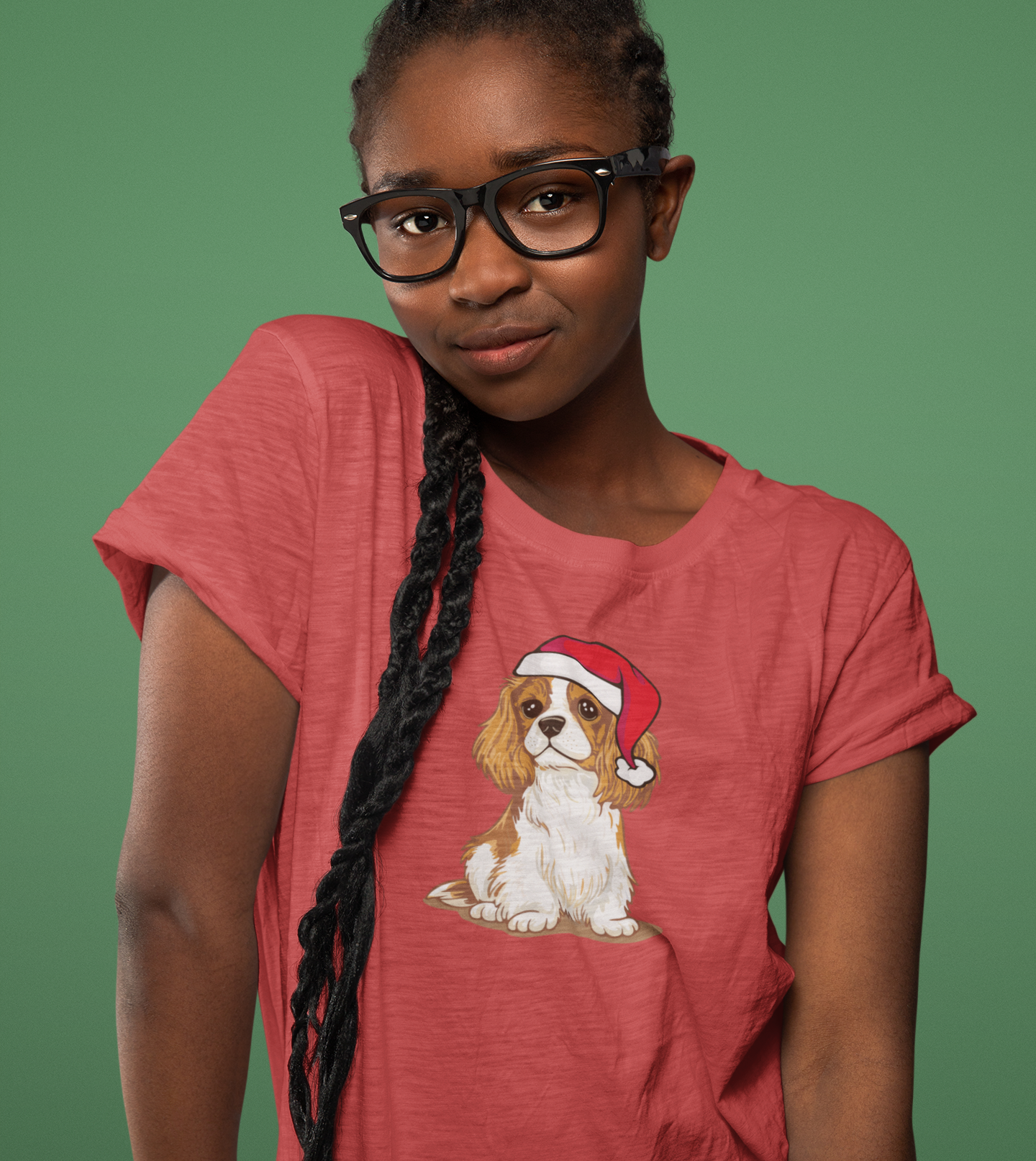 Christmas Blenheim Cavalier King Charles Spaniel Dog T-Shirt, Festive Holiday Xmas Pet Puppy Dogs In Santa Hat Cotton Tee Shirts