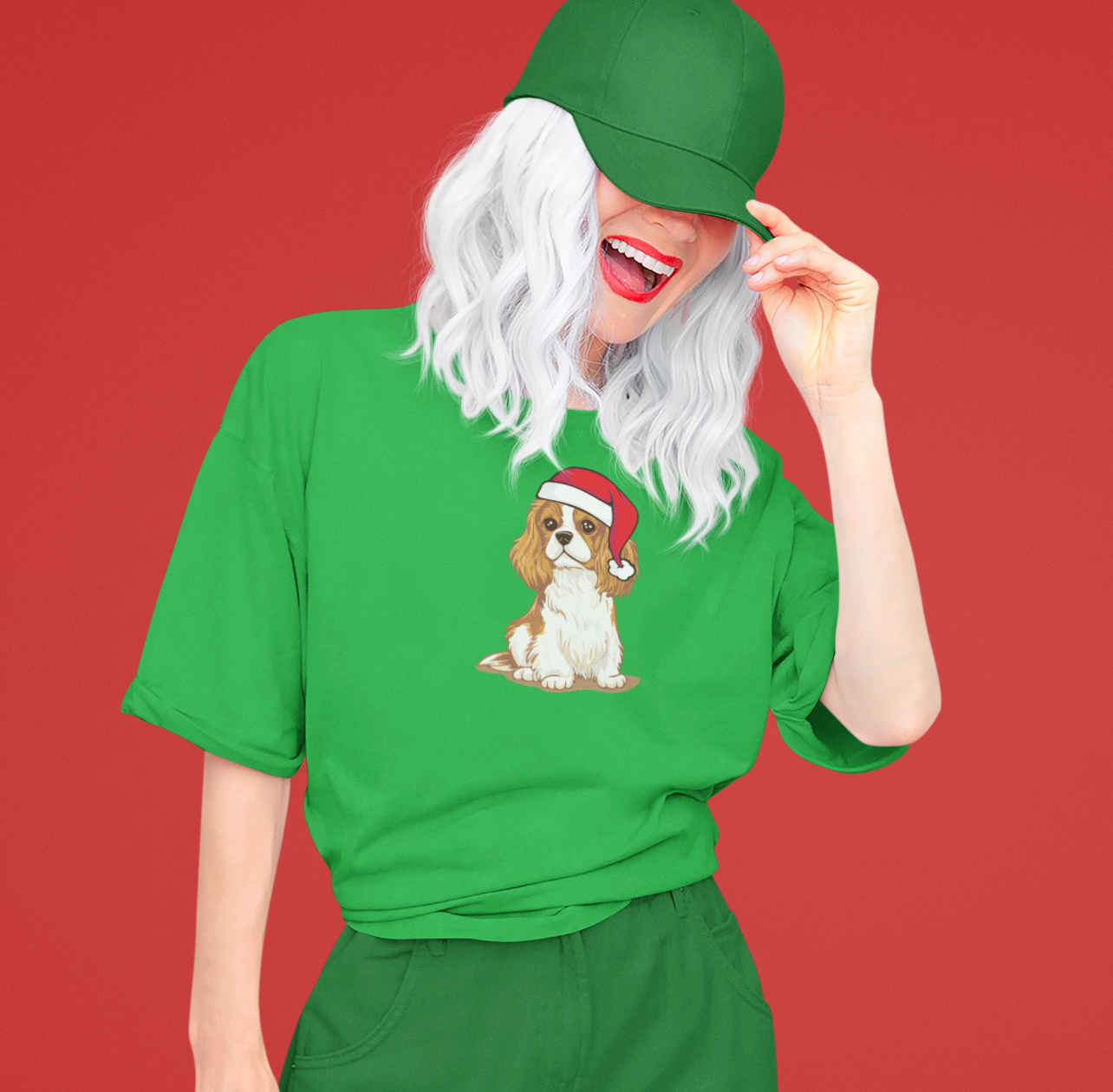 Christmas Blenheim Cavalier King Charles Spaniel Dog T-Shirt, Festive Holiday Xmas Pet Puppy Dogs In Santa Hat Cotton Tee Shirts