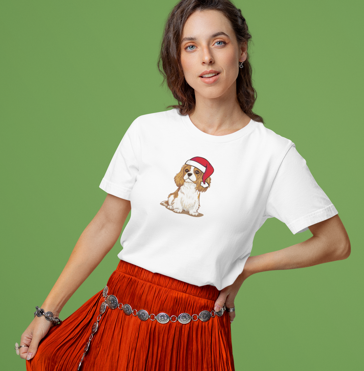 Christmas Blenheim Cavalier King Charles Spaniel Dog T-Shirt, Festive Holiday Xmas Pet Puppy Dogs In Santa Hat Cotton Tee Shirts