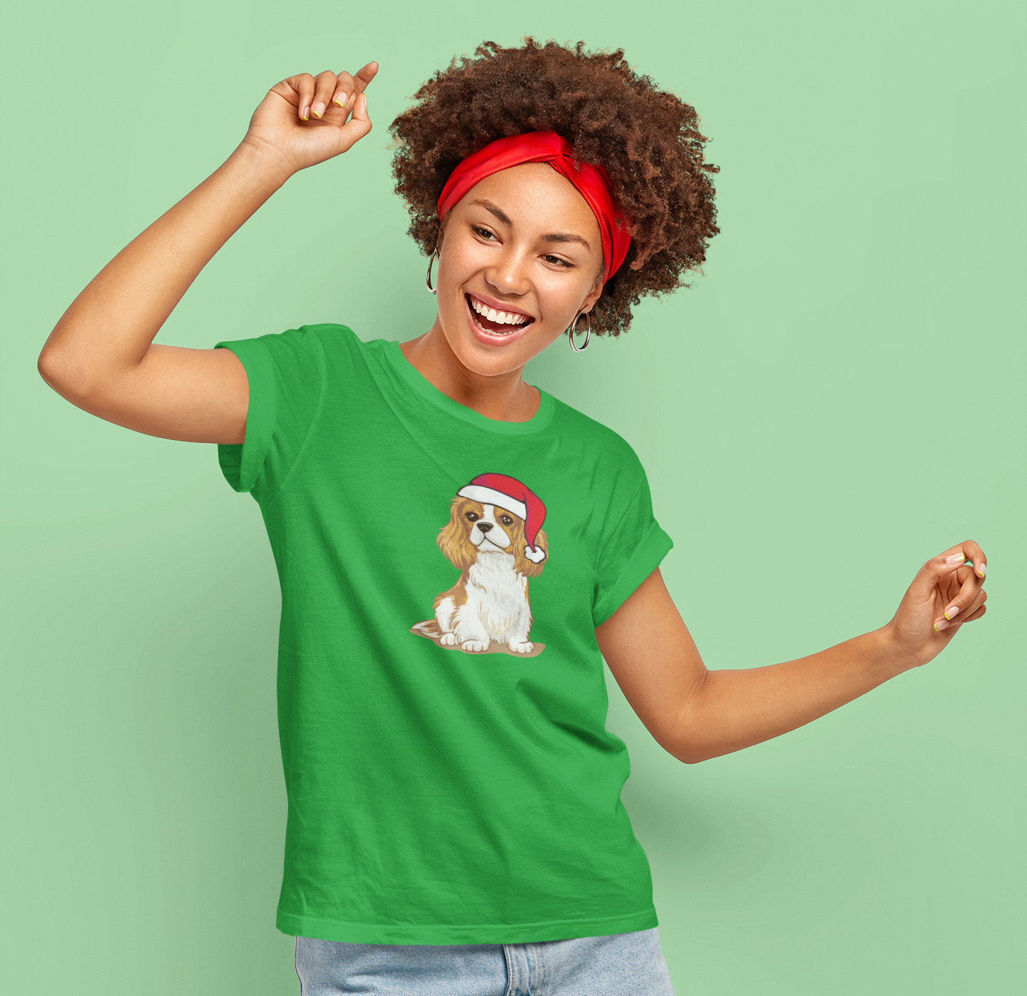 Christmas Blenheim Cavalier King Charles Spaniel Dog T-Shirt, Festive Holiday Xmas Pet Puppy Dogs In Santa Hat Cotton Tee Shirts
