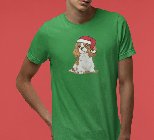Christmas Blenheim Cavalier King Charles Spaniel Dog T-Shirt, Festive Holiday Xmas Pet Puppy Dogs In Santa Hat Cotton Tee Shirts