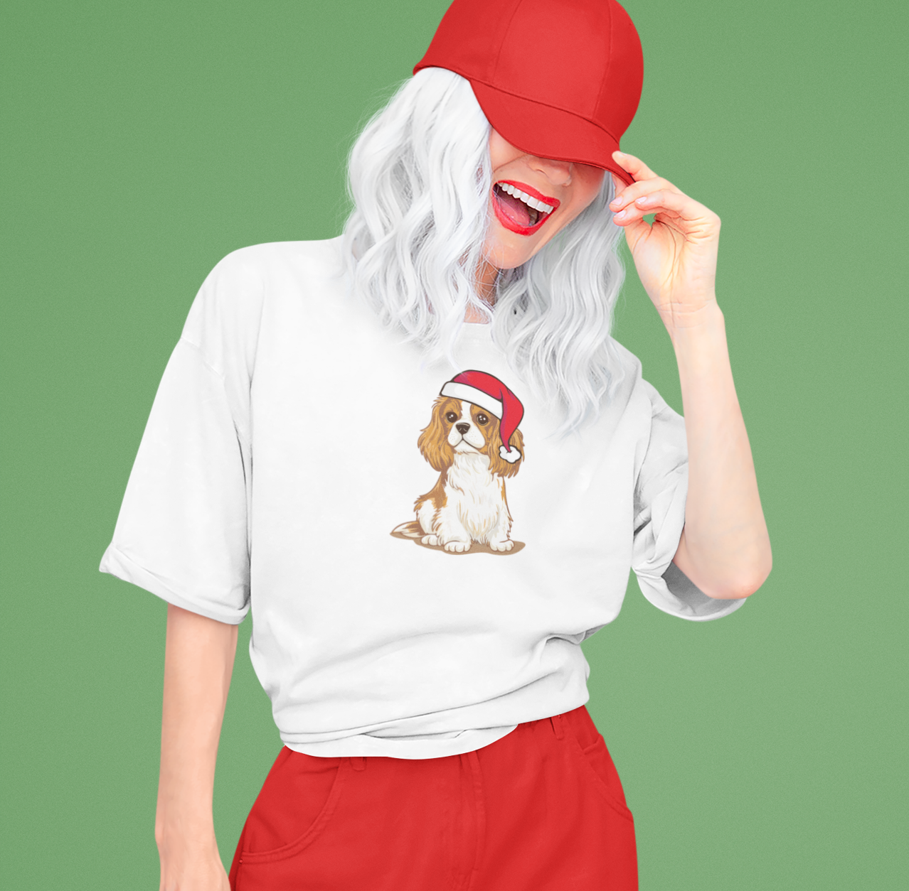 Christmas Blenheim Cavalier King Charles Spaniel Dog T-Shirt, Festive Holiday Xmas Pet Puppy Dogs In Santa Hat Cotton Tee Shirts