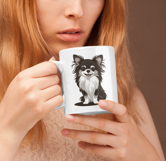 Black Long Haired Chihuahua Dog Ceramic Coffee Tea Mug 11oz with Puppy Dog Print Long Coat Chihuahuas Dogs Pet Coffee Mugs Gifts