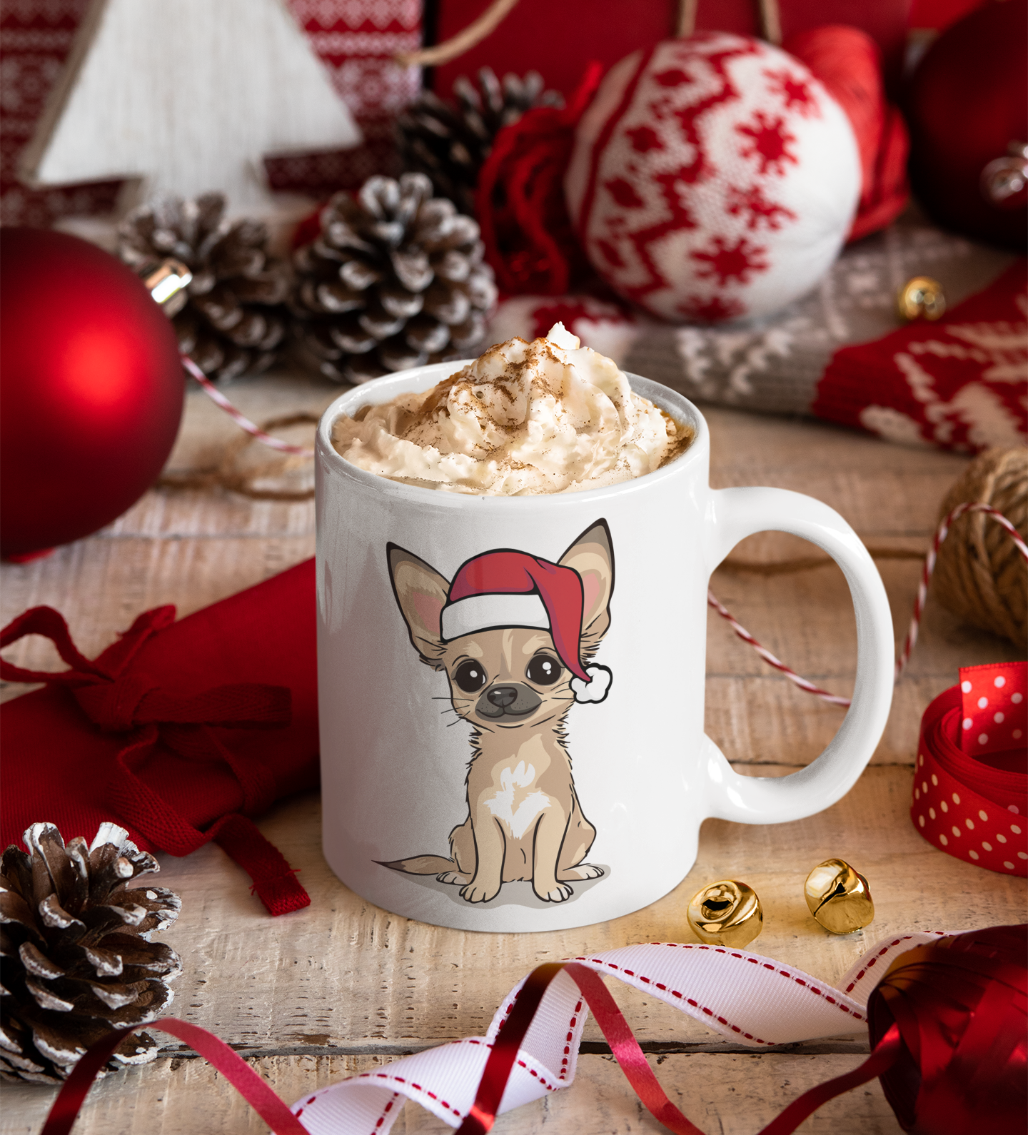 Christmas Chihuahua Dog Ceramic Mug, Holiday Xmas Santa Dogs Coffee Mug, Cute Snowy Winter Tan Puppy Tea Hot Chocolate Mug