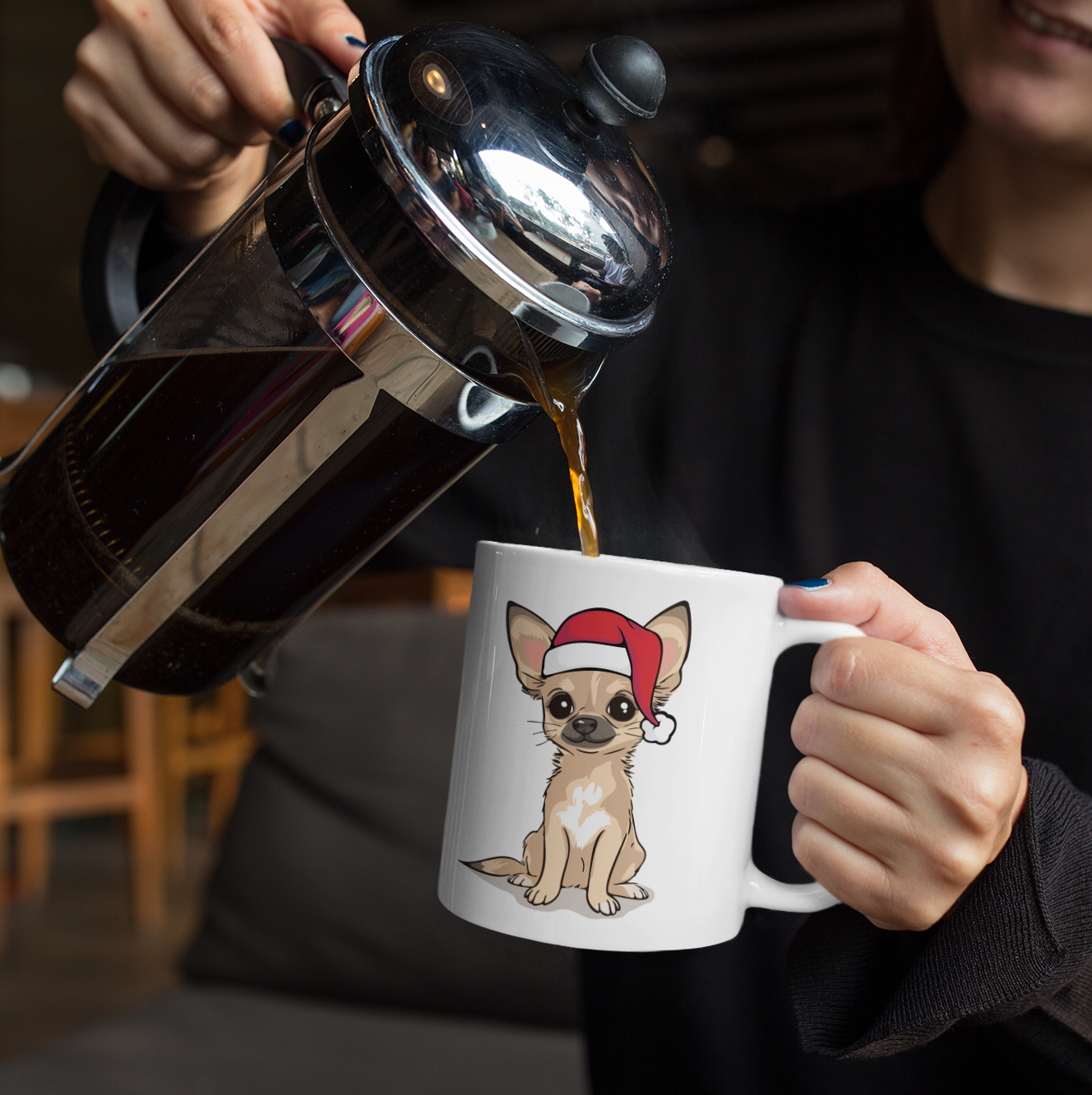 Christmas Chihuahua Dog Ceramic Mug, Holiday Xmas Santa Dogs Coffee Mug, Cute Snowy Winter Tan Puppy Tea Hot Chocolate Mug