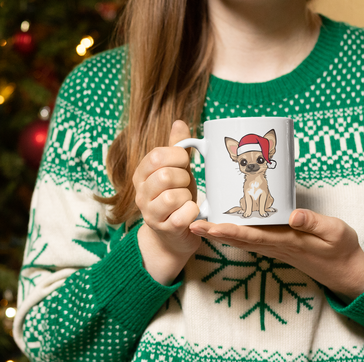 Christmas Chihuahua Dog Ceramic Mug, Holiday Xmas Santa Dogs Coffee Mug, Cute Snowy Winter Tan Puppy Tea Hot Chocolate Mug