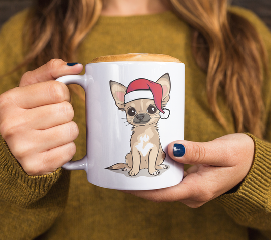 Christmas Chihuahua Dog Ceramic Mug, Holiday Xmas Santa Dogs Coffee Mug, Cute Snowy Winter Tan Puppy Tea Hot Chocolate Mug