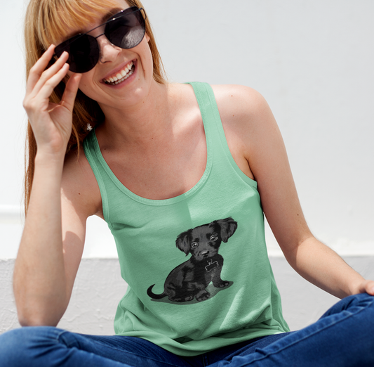Chiweenie Puppy Women's Tank Top, Dog Lover Racerback Shirt, Long Haired Chihuahua Dachshund Mix Pup Graphic Tops, Sleeveless Summer Apparel
