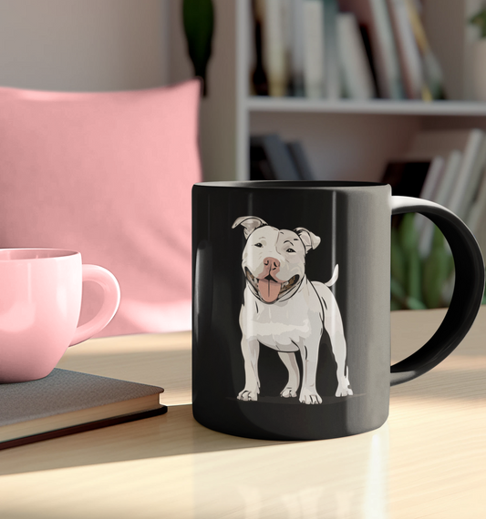 White Pitbull Terrier Dog Mug - 11 Ounce Black Ceramic Coffee Mugs with Pit Bull Dogs Design, Gift For Pet Owners