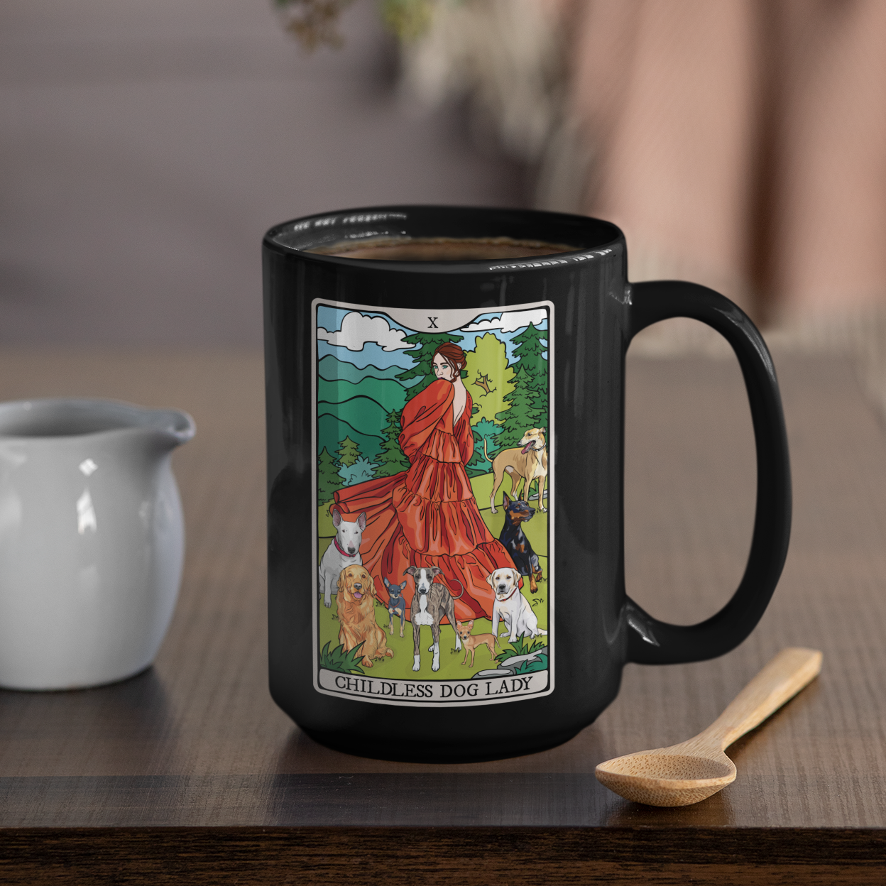 Black Mug - Childless Dog Lady Tarot Card Ceramic Coffee Cup, 15oz - Dog Lover Gift, Woman with Dogs Mugs, Tarot Card Reader Gifts