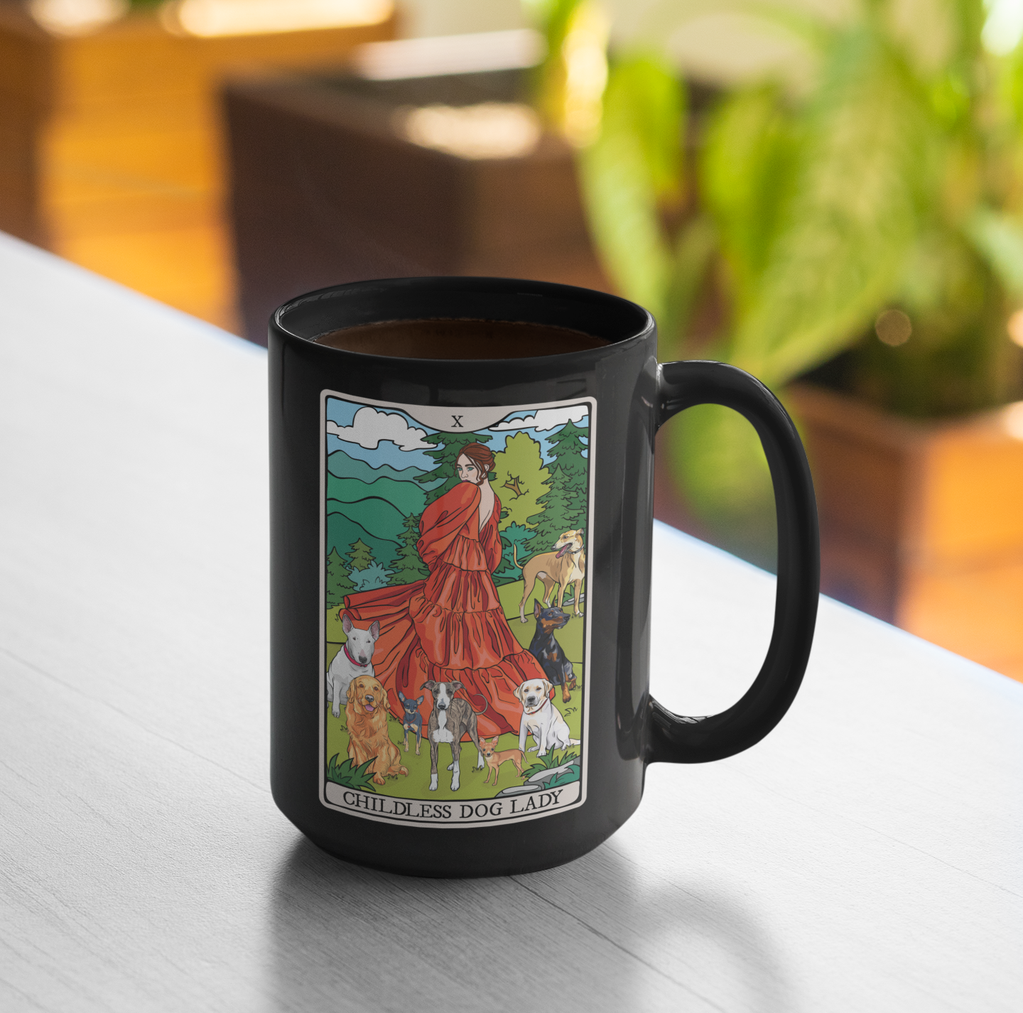Black Mug - Childless Dog Lady Tarot Card Ceramic Coffee Cup, 15oz - Dog Lover Gift, Woman with Dogs Mugs, Tarot Card Reader Gifts