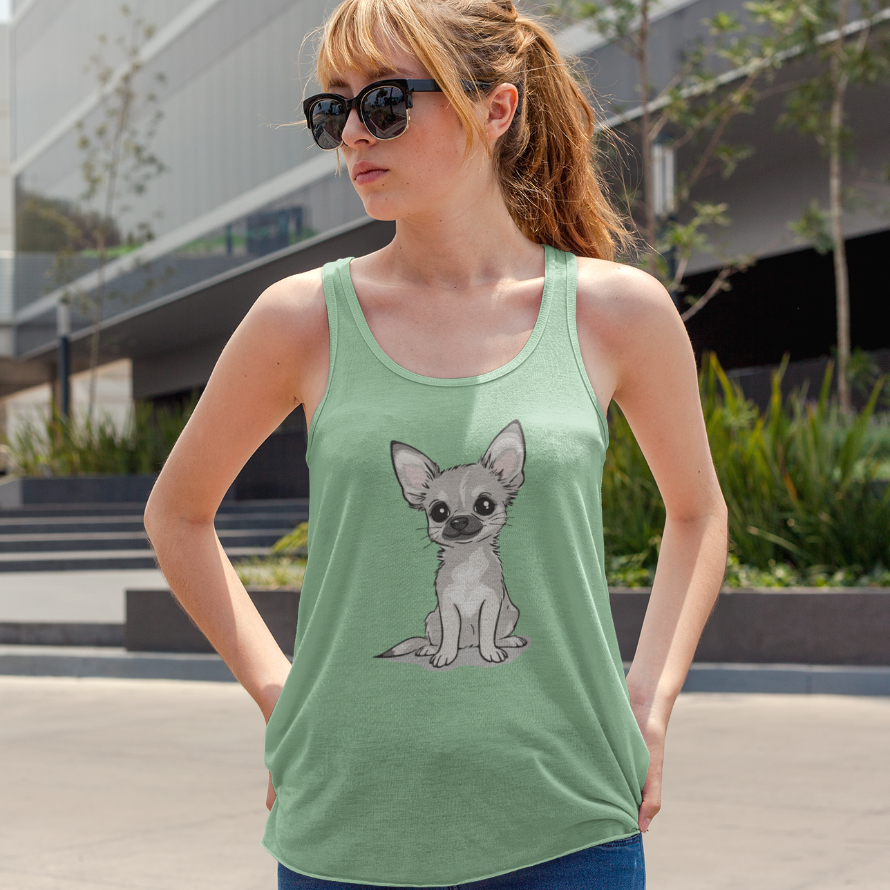 White Chihuahua Puppy Dog Tank Top Women's Racerback Tank Tops with Tan Chihuahuas Puppies Dogs Design