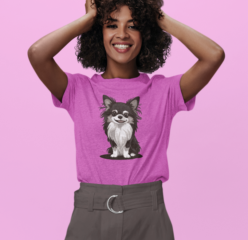 Black Long Haired Chihuahua Dog Soft T-Shirt - Mens Womens Unisex Cotton Long Coat Chihuahuas Dogs Pet Short Sleeve Tee