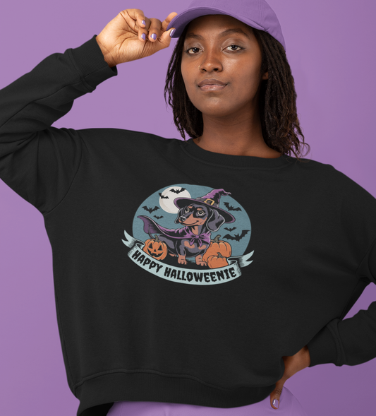 Spooky Dachshund Halloween Sweatshirt, Happy Halloweenie Witchy Weiner Long Dog Shirt, Funny Halloween Outfit, Crewneck Sweatshirts