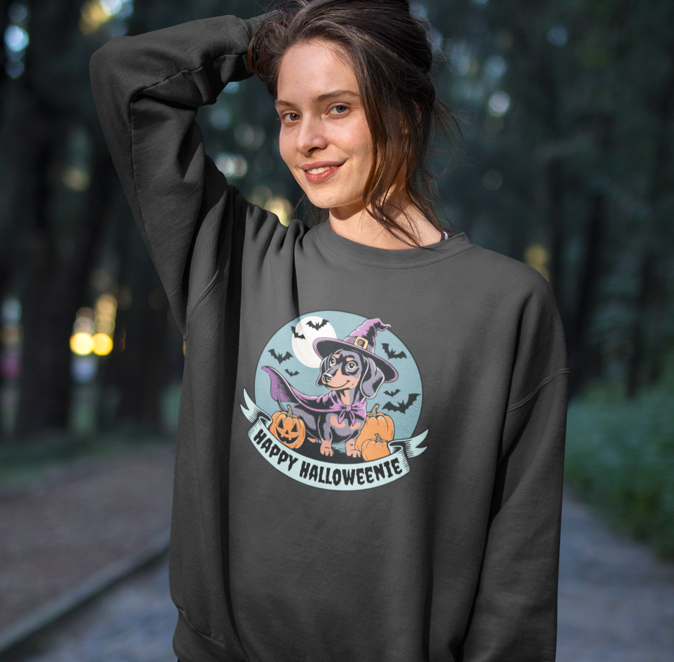 Spooky Dachshund Halloween Sweatshirt, Happy Halloweenie Witchy Weiner Long Dog Shirt, Funny Halloween Outfit, Crewneck Sweatshirts