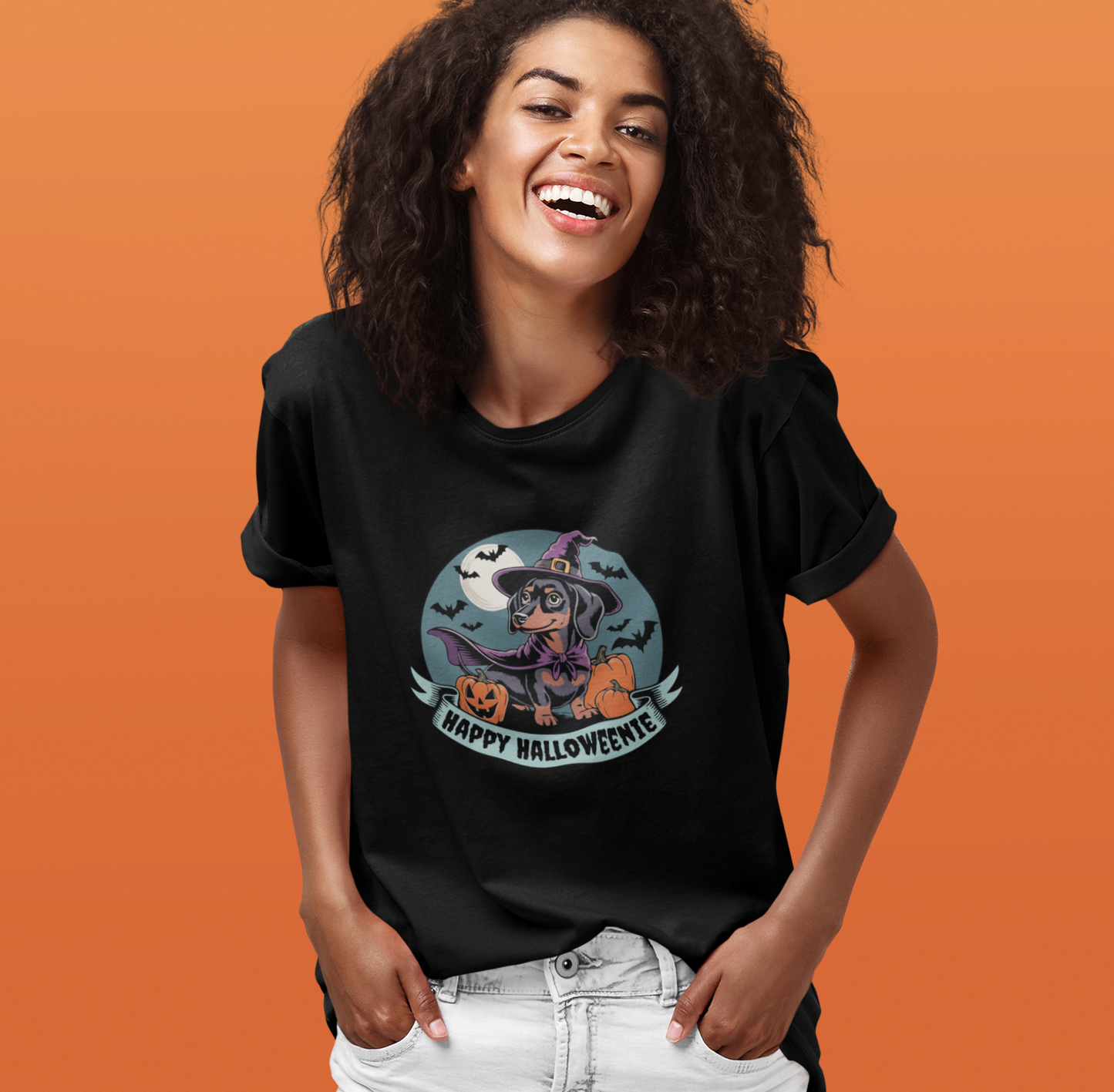 Spooky Dachshund Halloween T-shirt, Happy Halloweenie Unisex Tee, Witchy Weiner Long Dog, Pumpkins Bats, Fall Holiday Shirts