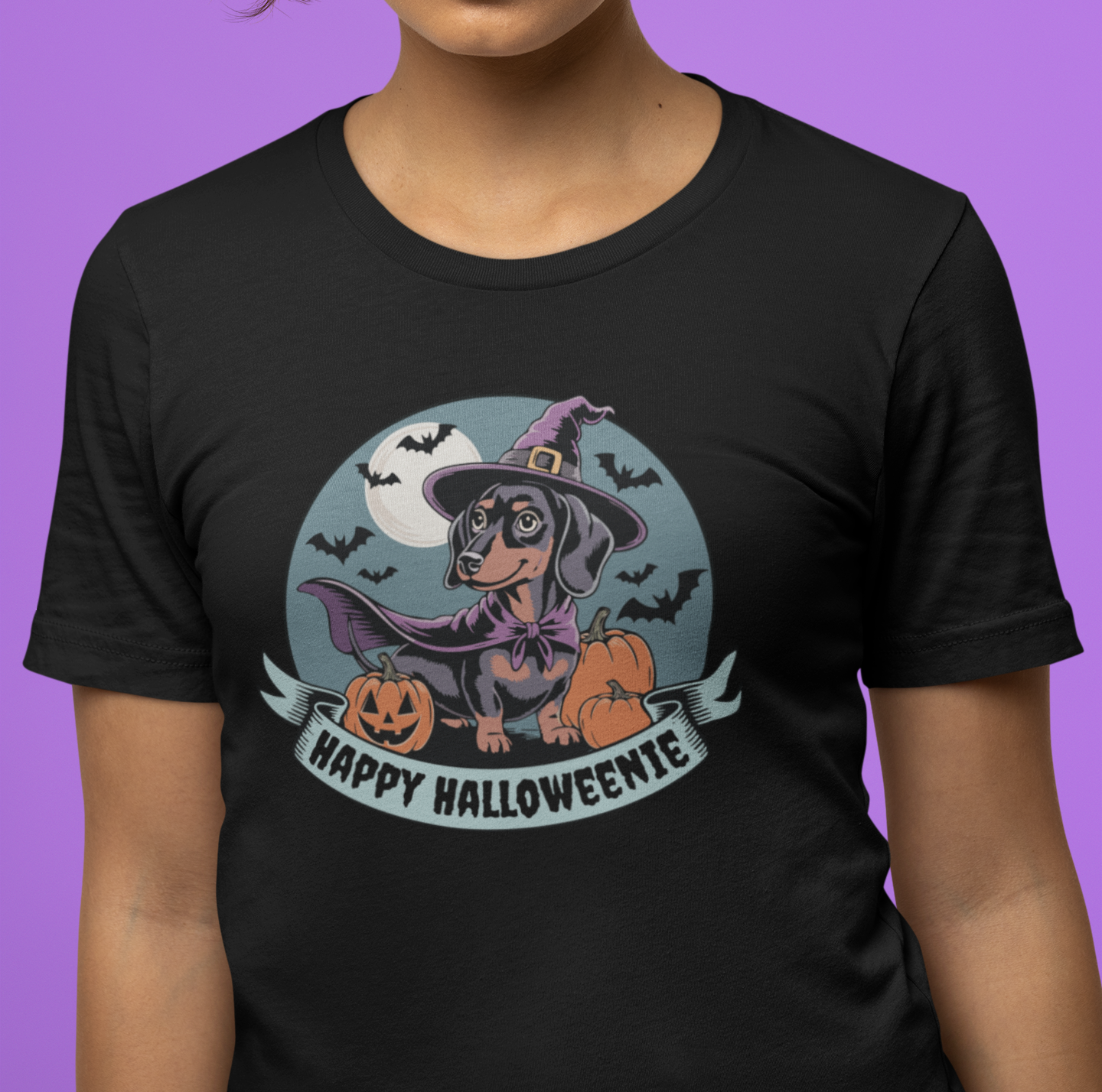 Spooky Dachshund Halloween T-shirt, Happy Halloweenie Unisex Tee, Witchy Weiner Long Dog, Pumpkins Bats, Fall Holiday Shirts