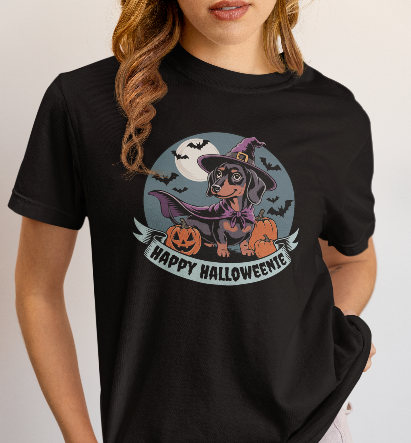 Spooky Dachshund Halloween T-shirt, Happy Halloweenie Unisex Tee, Witchy Weiner Long Dog, Pumpkins Bats, Fall Holiday Shirts
