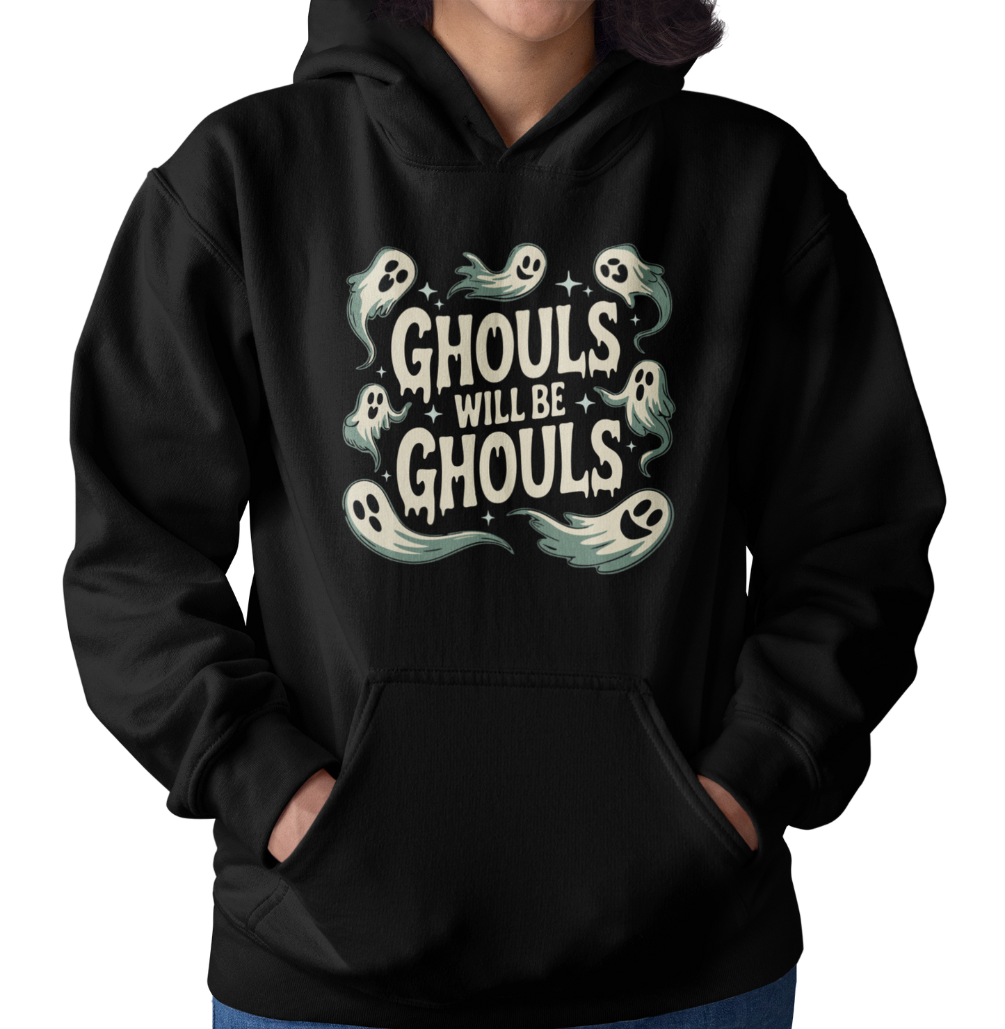 Ghouls will be Ghouls Halloween Ghost Pullover Hoodie, Spooky French Terry Hooded Sweatshirt, Goth Black Ghost Design Halloween Hoodies