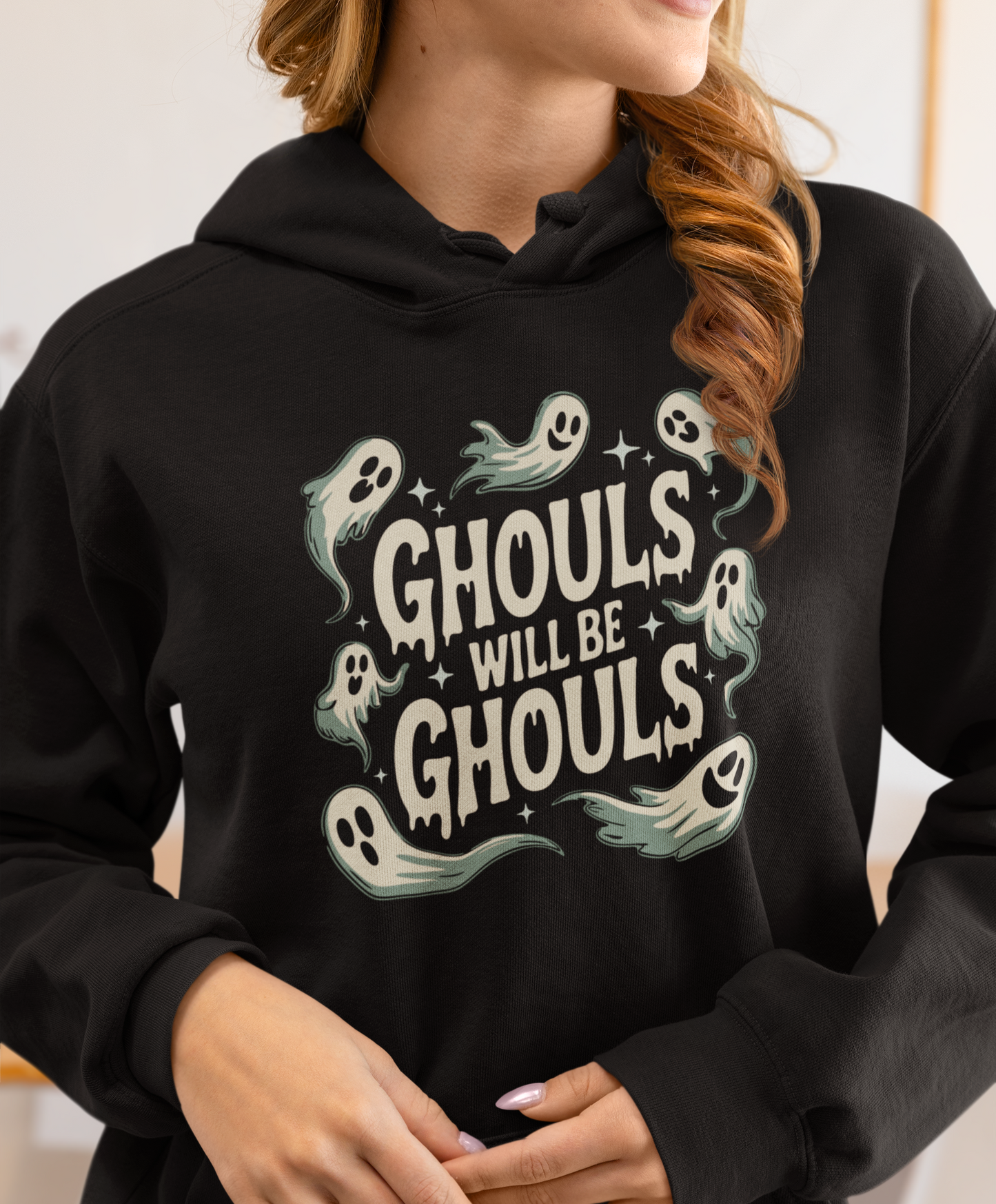 Ghouls will be Ghouls Halloween Ghost Pullover Hoodie, Spooky French Terry Hooded Sweatshirt, Goth Black Ghost Design Halloween Hoodies