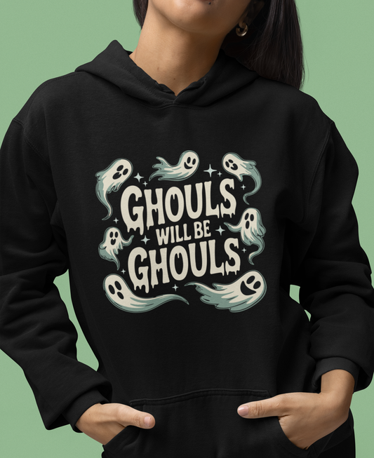 Ghouls will be Ghouls Halloween Ghost Pullover Hoodie, Spooky French Terry Hooded Sweatshirt, Goth Black Ghost Design Halloween Hoodies