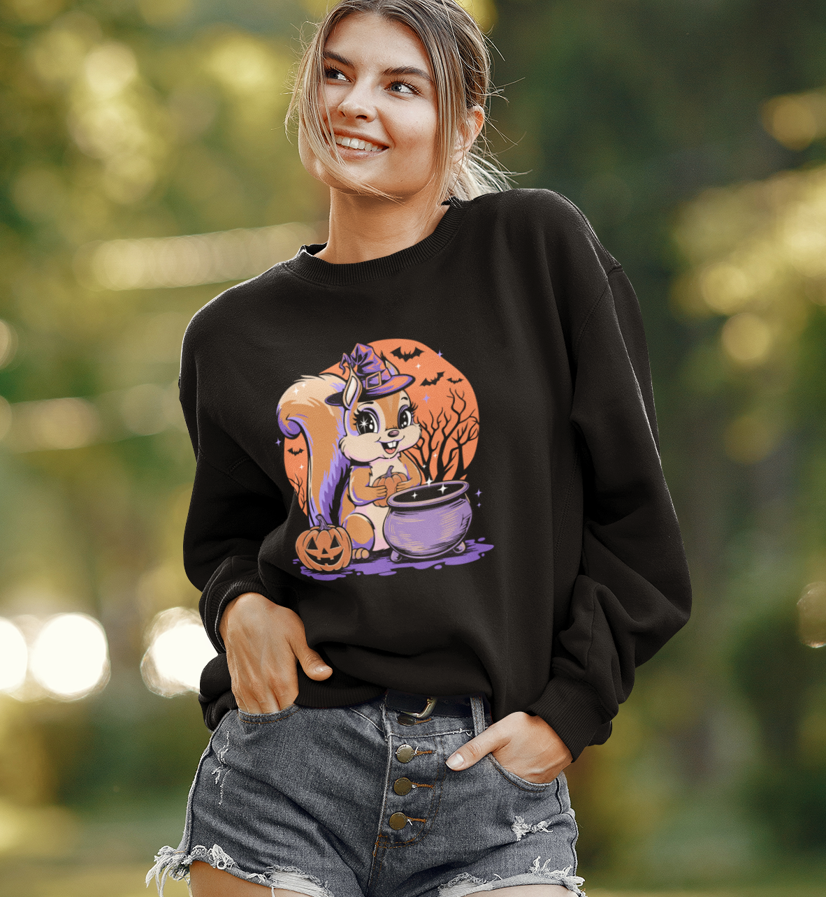 Witchy Squirrel Crewneck Sweatshirt, Halloween Witch Squirrels Pumpkin Cauldron & Bats, Spooky Magical Lightweight Pullover Sweater