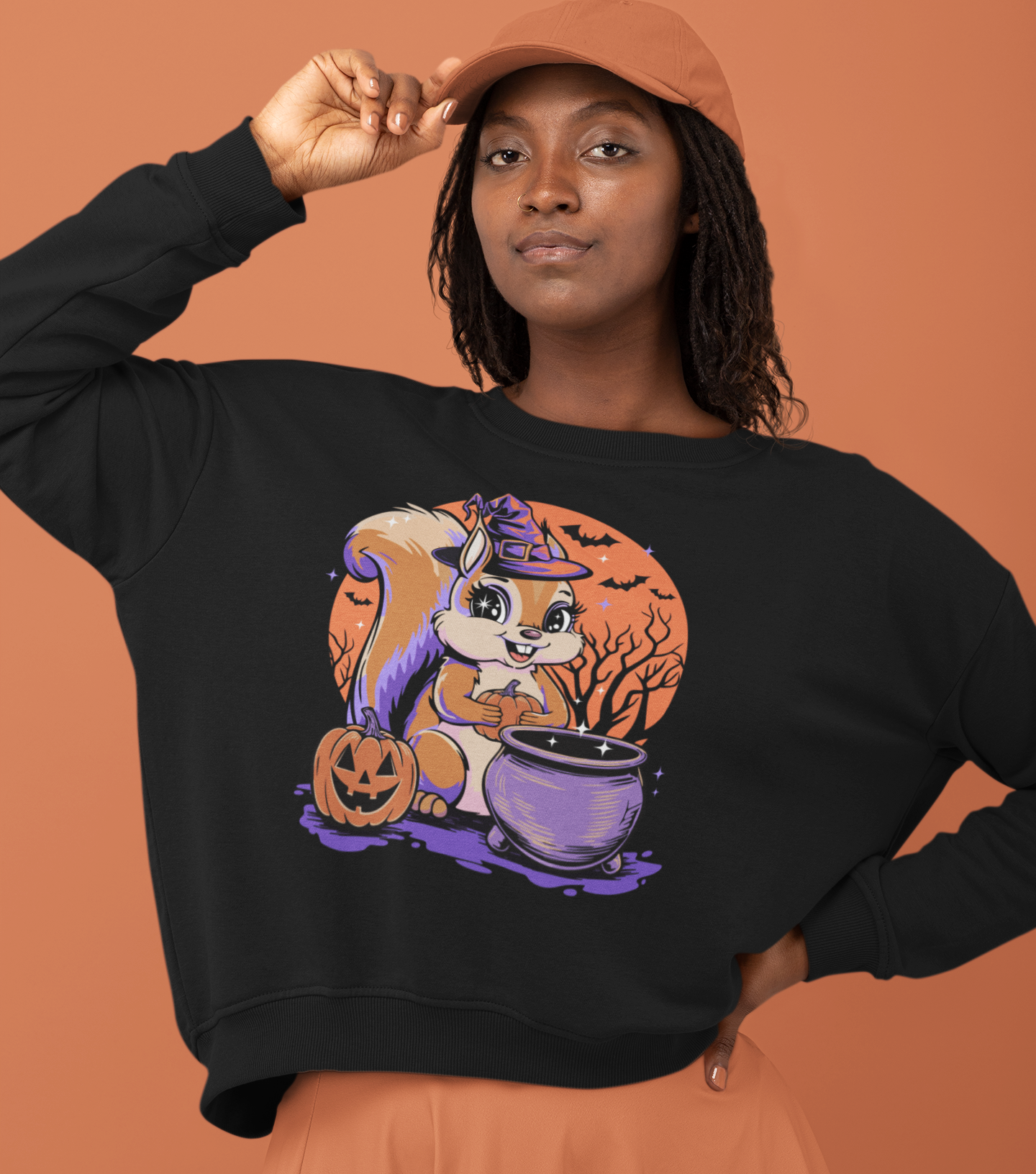 Witchy Squirrel Crewneck Sweatshirt, Halloween Witch Squirrels Pumpkin Cauldron & Bats, Spooky Magical Lightweight Pullover Sweater