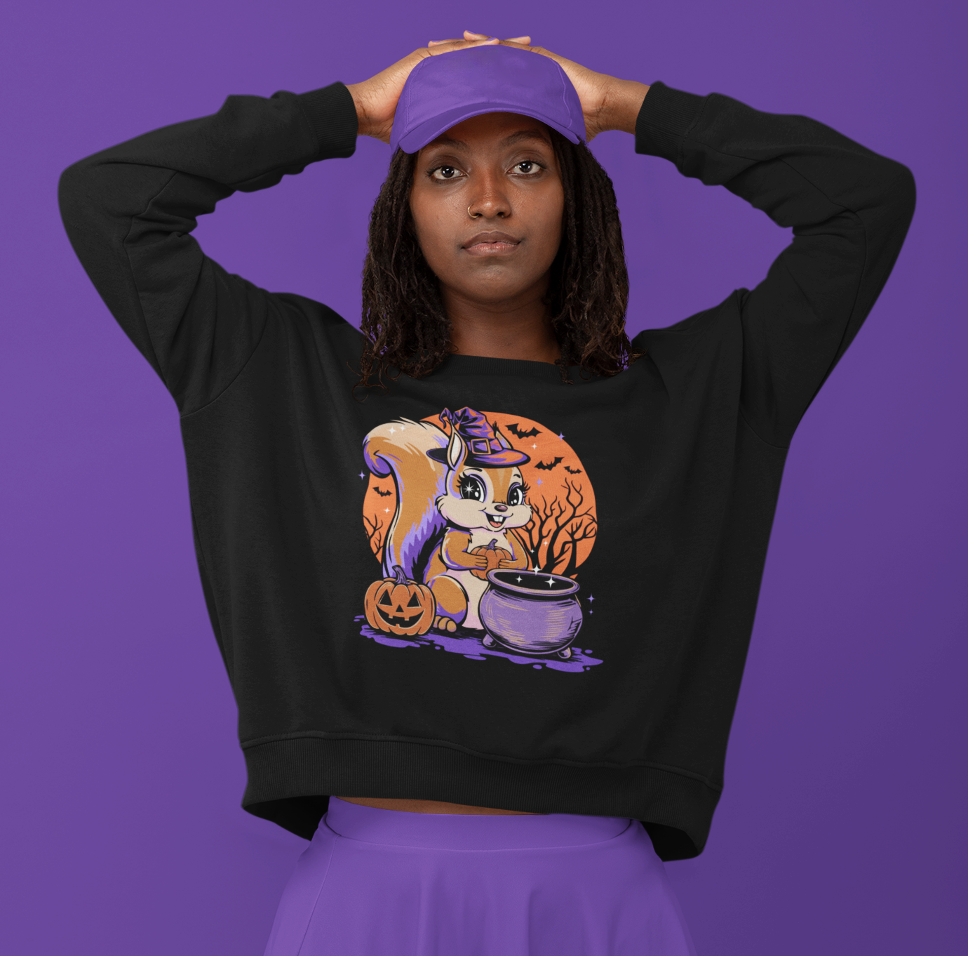 Witchy Squirrel Crewneck Sweatshirt, Halloween Witch Squirrels Pumpkin Cauldron & Bats, Spooky Magical Lightweight Pullover Sweater