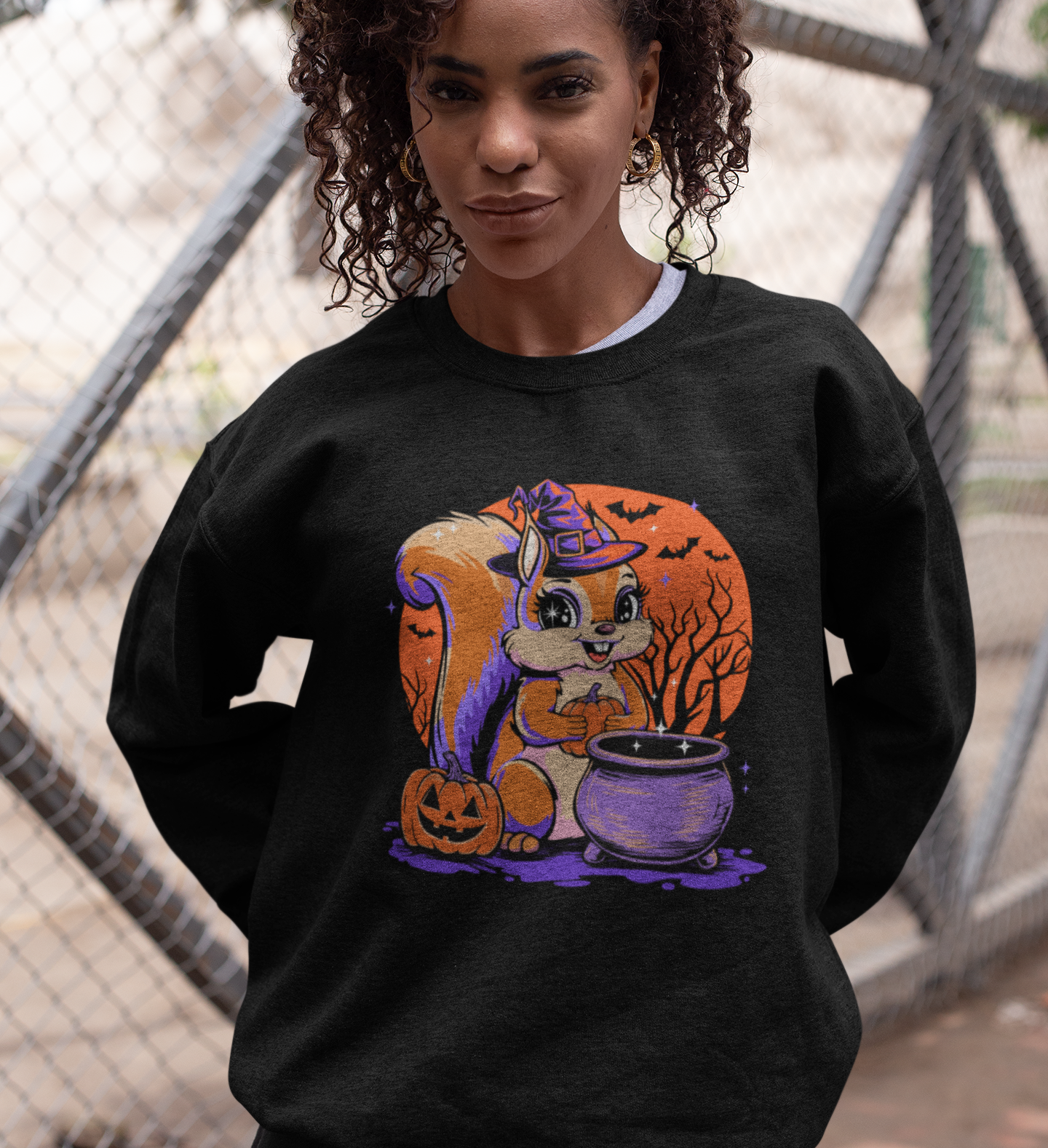 Witchy Squirrel Crewneck Sweatshirt, Halloween Witch Squirrels Pumpkin Cauldron & Bats, Spooky Magical Lightweight Pullover Sweater