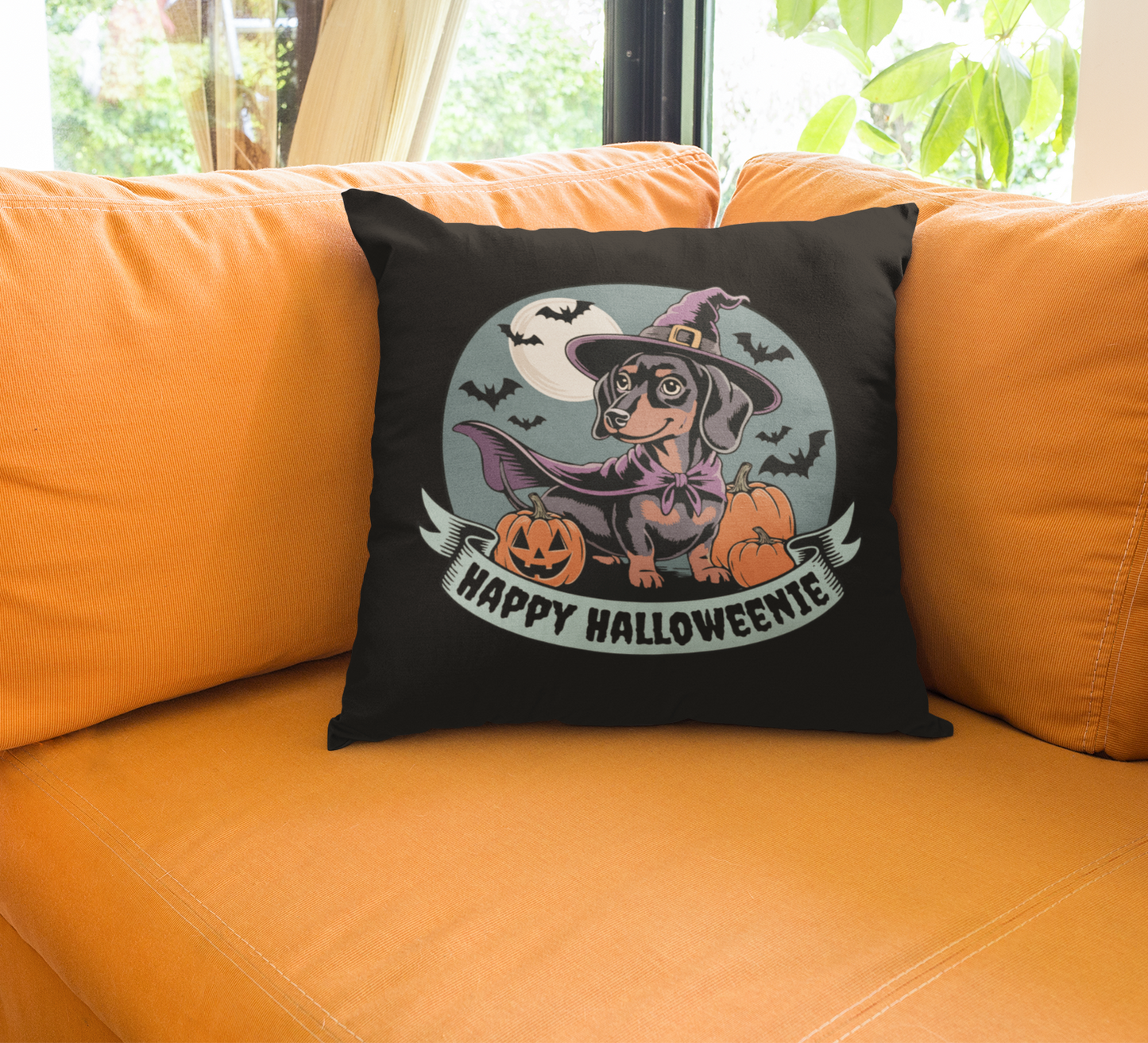 Happy Halloweenie Witchy Dachshund Halloween Throw Pillow, Wiener Dog Spooky Faux Suede Pillow & Cover, Gothic Fall Holiday Home Decor