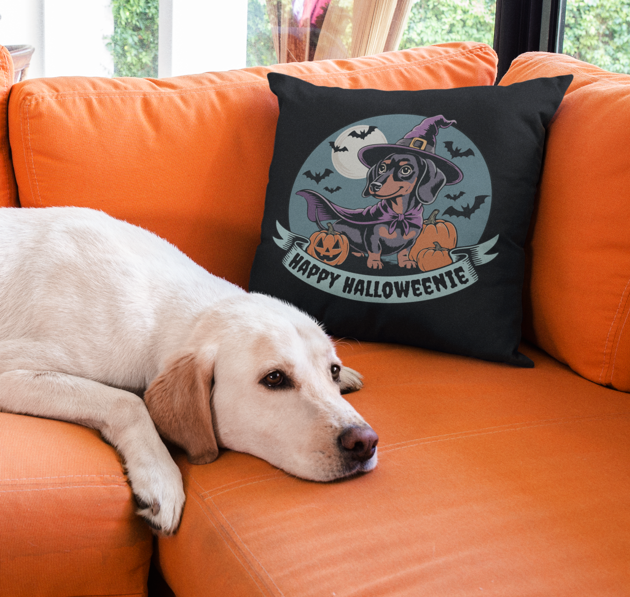 Happy Halloweenie Witchy Dachshund Halloween Throw Pillow, Wiener Dog Spooky Faux Suede Pillow & Cover, Gothic Fall Holiday Home Decor