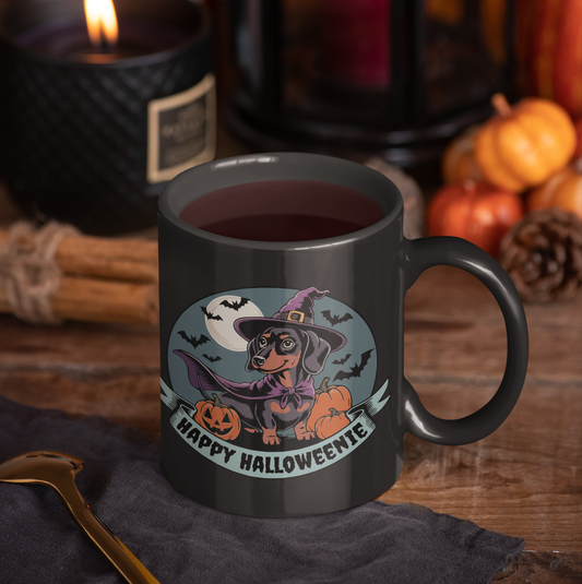Halloween Coffee Mug, Funny Halloweenie Dachshund Witch Design, Spooky Black Coffee Cup, Fall Dog Owner Gift, Weiner Dogs Mugs, 11oz