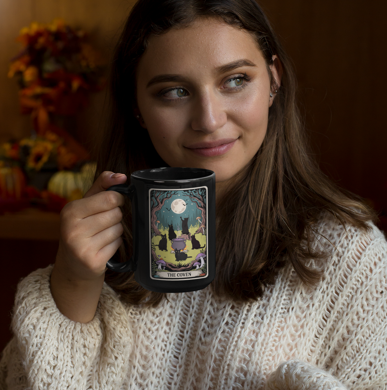 Ceramic Mug, The Coven Tarot Card Artwork, Black Cat Coffee Cup, Witchy Cats Drinkware, Halloween Witch Decor, Gothic Cauldron Tea Mugs