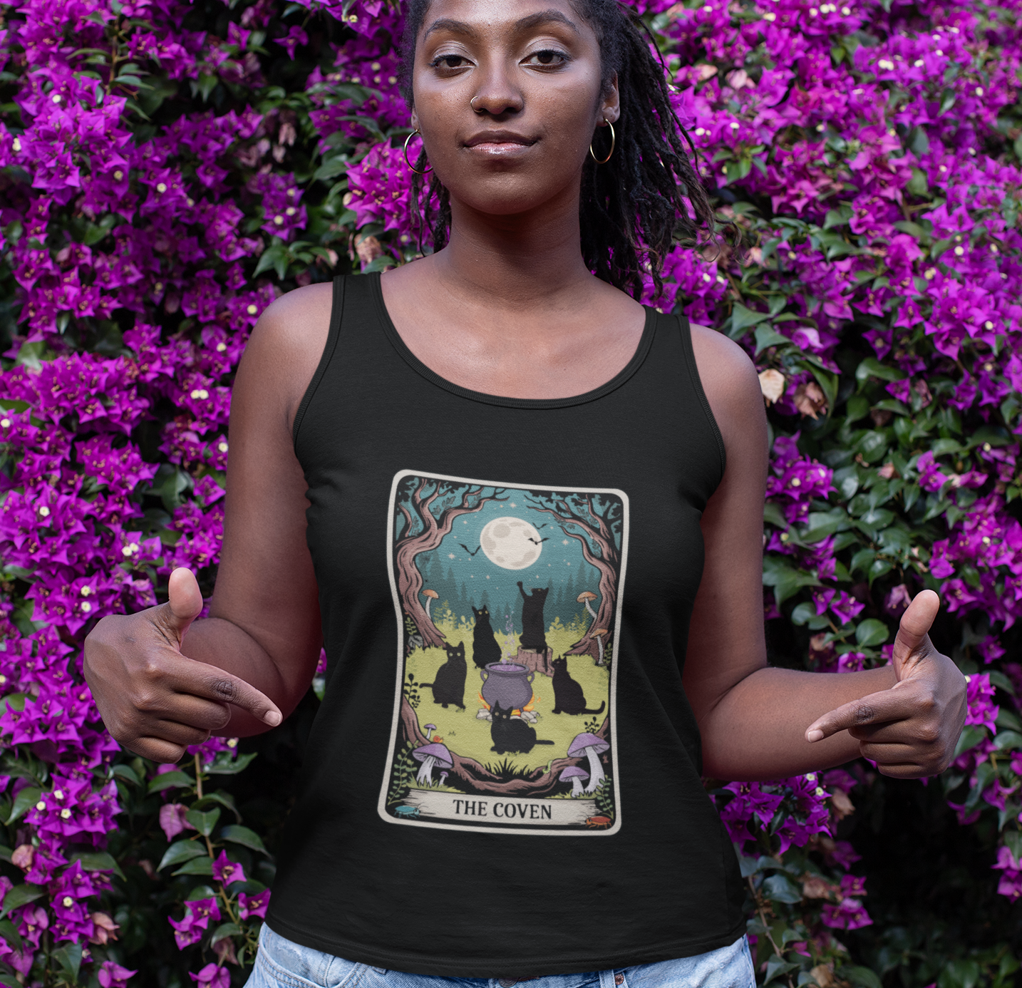 Witchy Black Cats Racerback Tank Top, The Coven Women's Sleeveless Shirt, Halloween Apparel, Spooky Fall Gifts for Witches, Goth Occult Tops