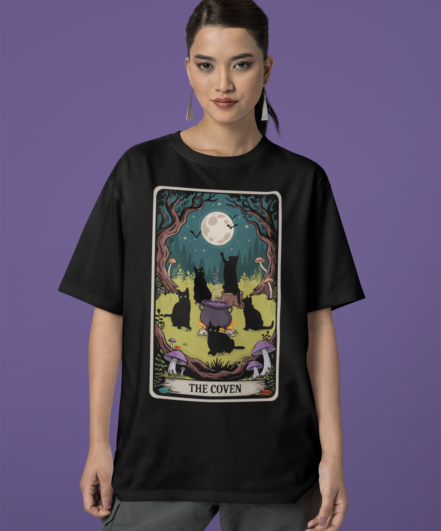 The Coven Tarot Black Cats T-shirt, Witchy Halloween Cat Tee, Full Moon Forest Cauldron Shirt, Wiccan Pagan Magic Top, Witch Gothic Apparel