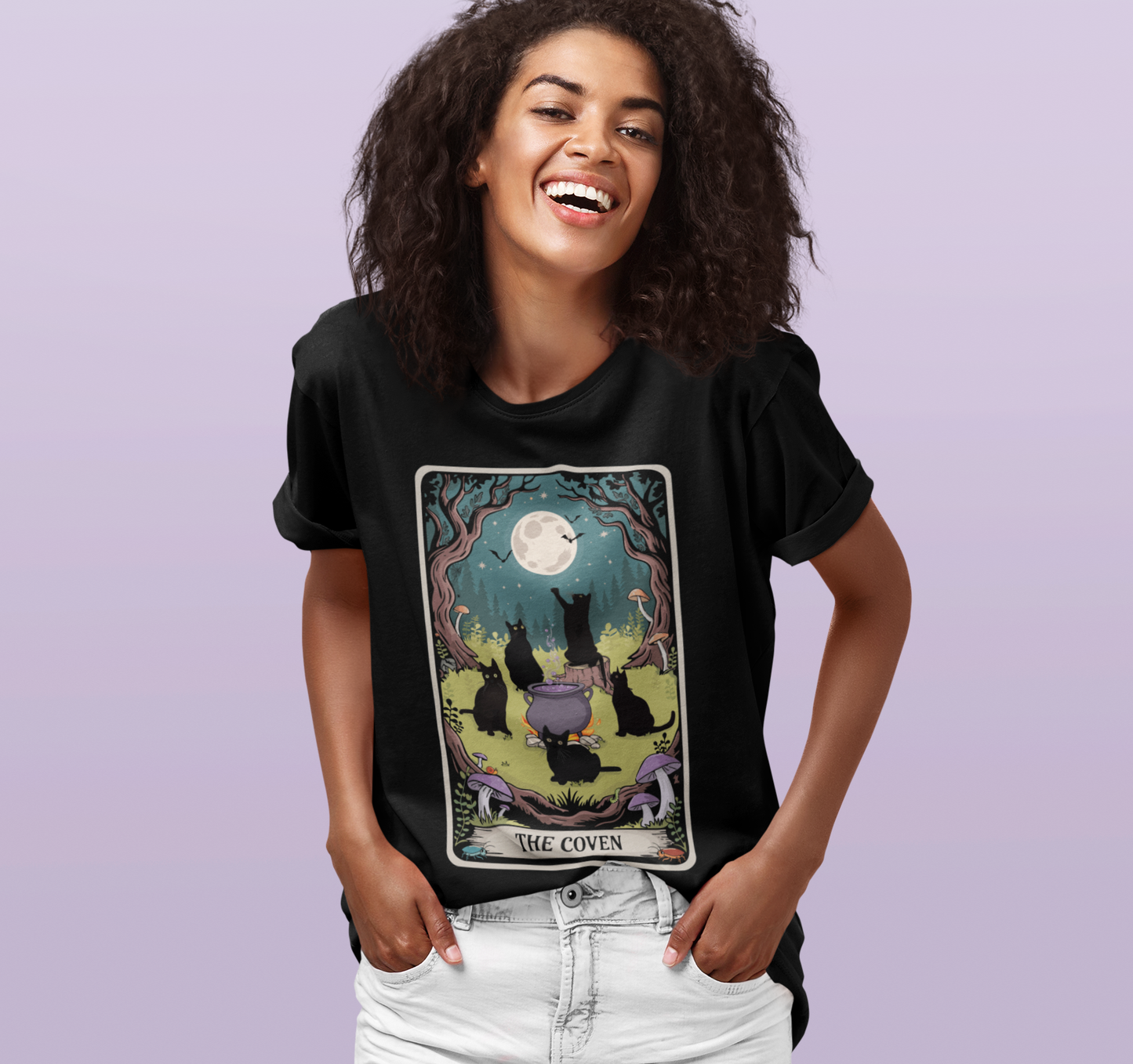 The Coven Tarot Black Cats T-shirt, Witchy Halloween Cat Tee, Full Moon Forest Cauldron Shirt, Wiccan Pagan Magic Top, Witch Gothic Apparel
