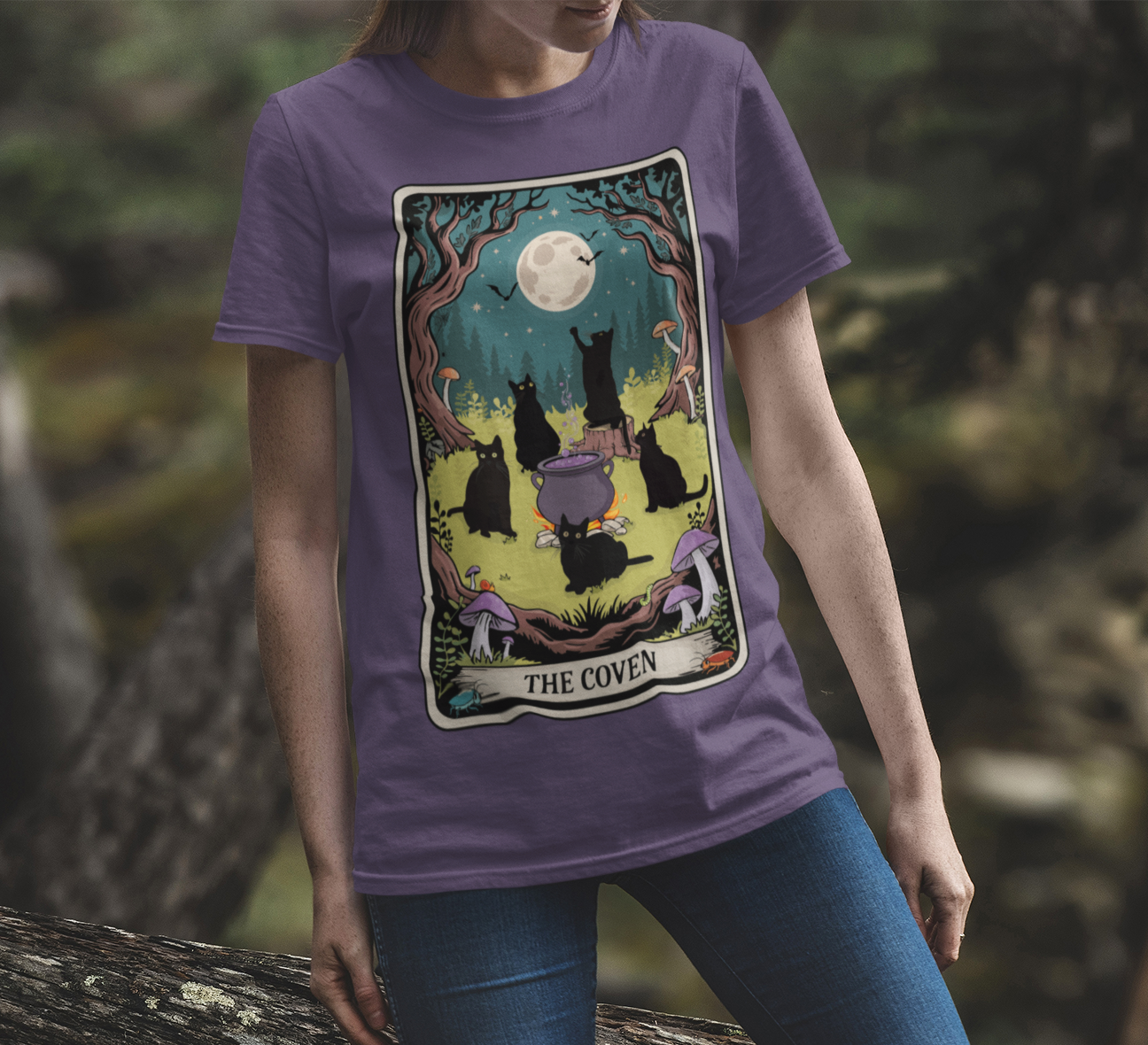 The Coven Tarot Black Cats T-shirt, Witchy Halloween Cat Tee, Full Moon Forest Cauldron Shirt, Wiccan Pagan Magic Top, Witch Gothic Apparel