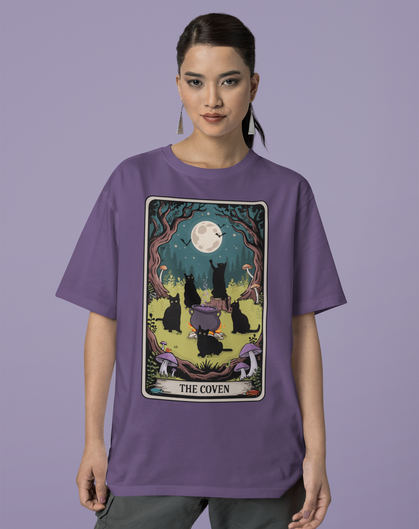 The Coven Tarot Black Cats T-shirt, Witchy Halloween Cat Tee, Full Moon Forest Cauldron Shirt, Wiccan Pagan Magic Top, Witch Gothic Apparel