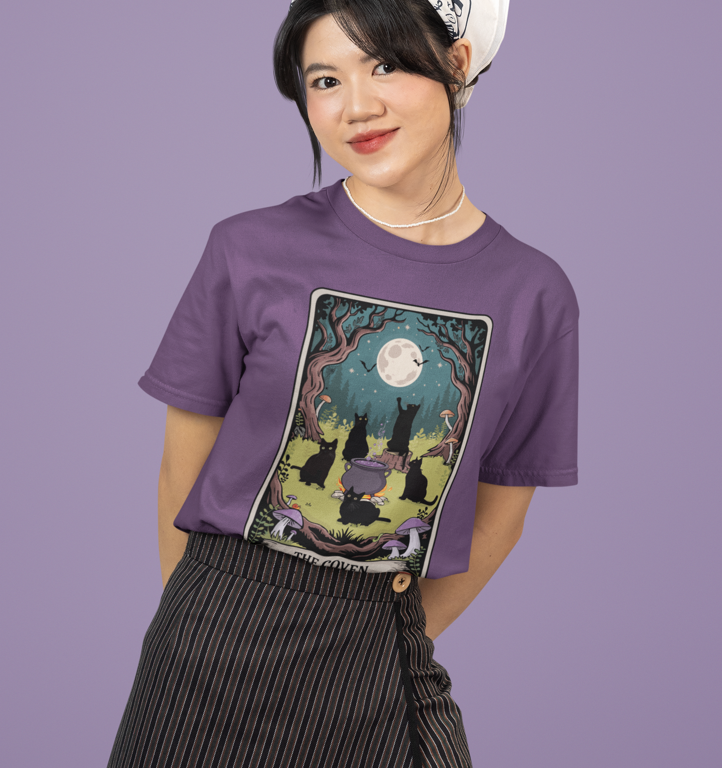 The Coven Tarot Black Cats T-shirt, Witchy Halloween Cat Tee, Full Moon Forest Cauldron Shirt, Wiccan Pagan Magic Top, Witch Gothic Apparel