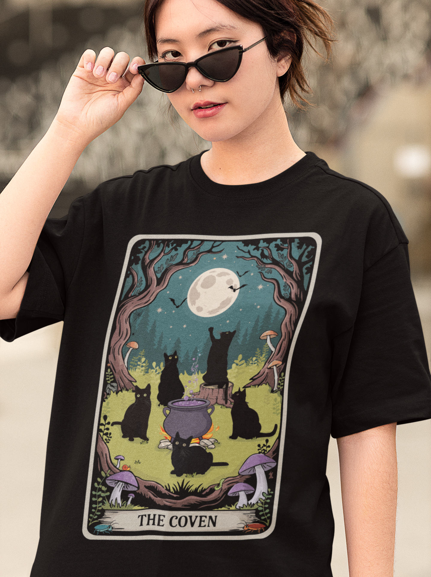 The Coven Tarot Black Cats T-shirt, Witchy Halloween Cat Tee, Full Moon Forest Cauldron Shirt, Wiccan Pagan Magic Top, Witch Gothic Apparel